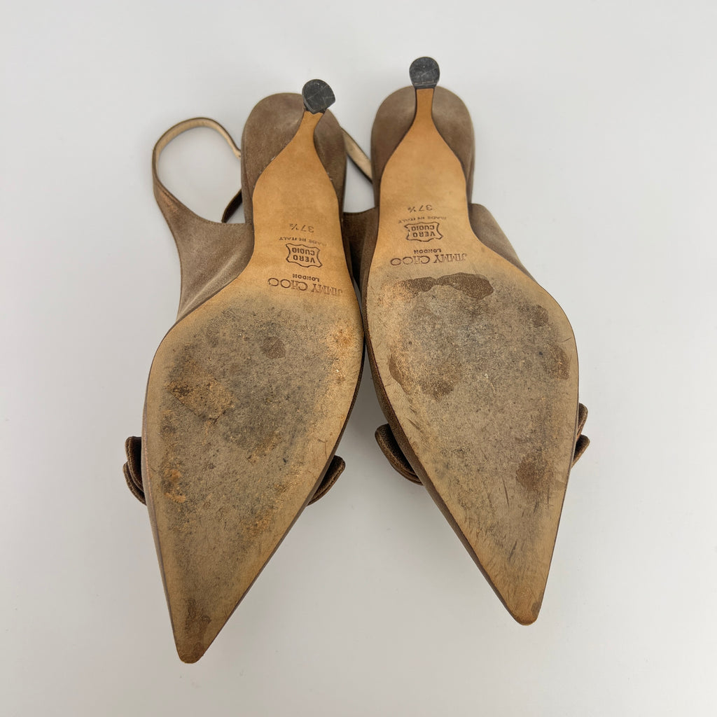 Jimmy Choo | Metallic Gold Bronze Leather Bow Slingback Stiletto Heels (37.5)