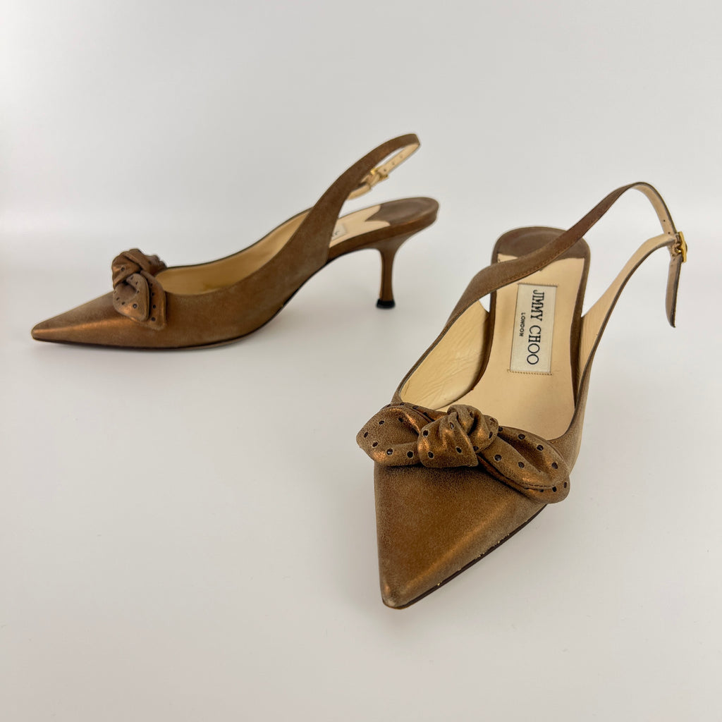 Jimmy Choo | Metallic Gold Bronze Leather Bow Slingback Stiletto Heels (37.5)
