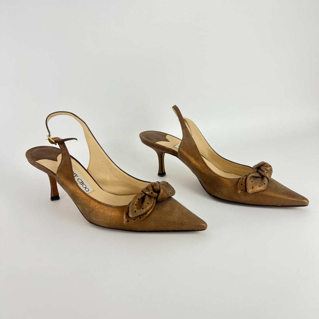 Jimmy Choo | Metallic Gold Bronze Leather Bow Slingback Stiletto Heels (37.5)