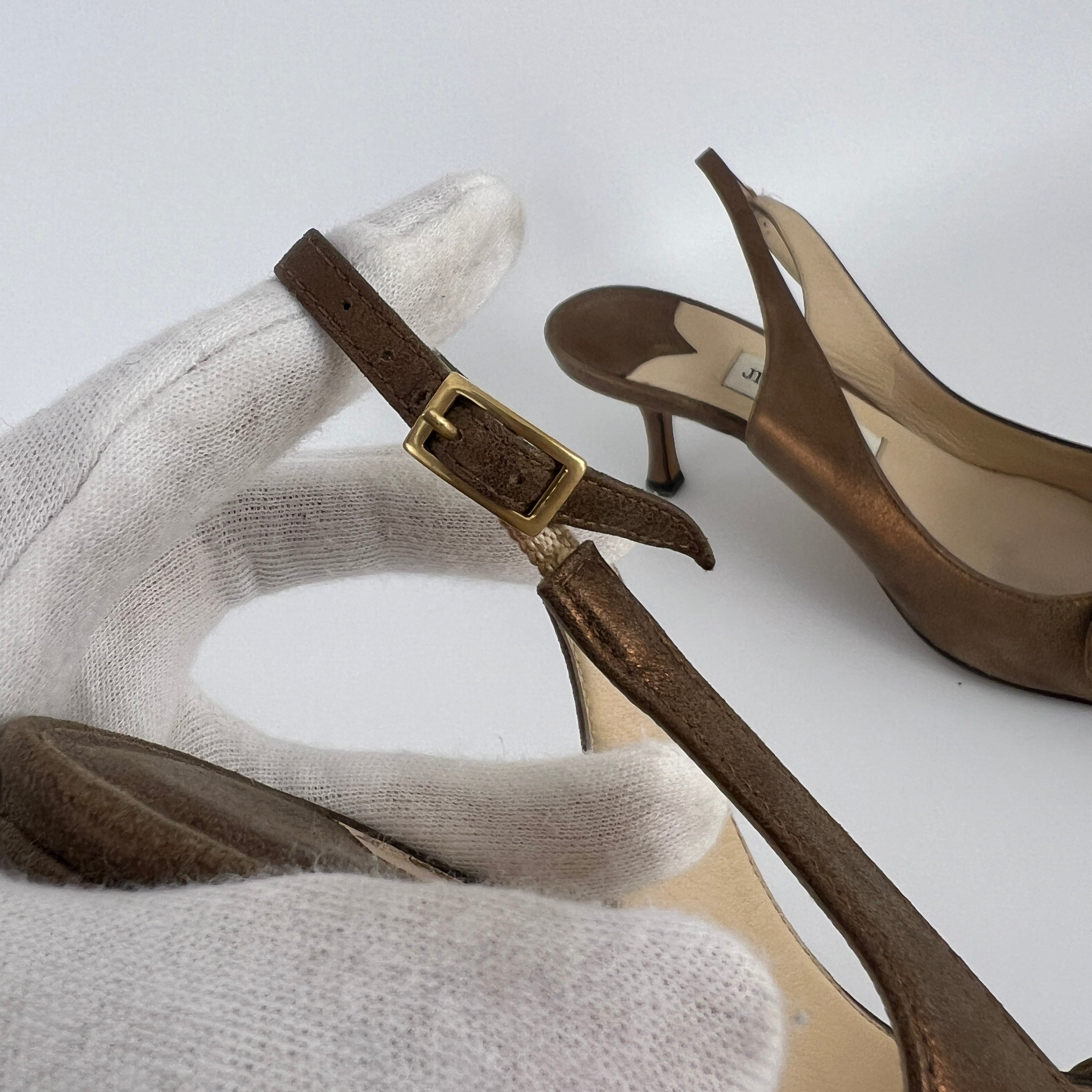 Jimmy Choo | Metallic Gold Bronze Leather Bow Slingback Stiletto Heels (37.5)