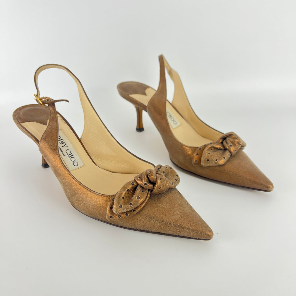Jimmy Choo | Metallic Gold Bronze Leather Bow Slingback Stiletto Heels (37.5)