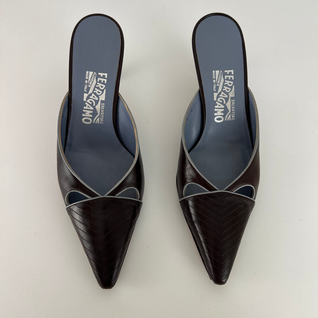 Ferragamo | Brown Blue Leather Cut-Out Pointed Toe Slide Mules (7, 37)