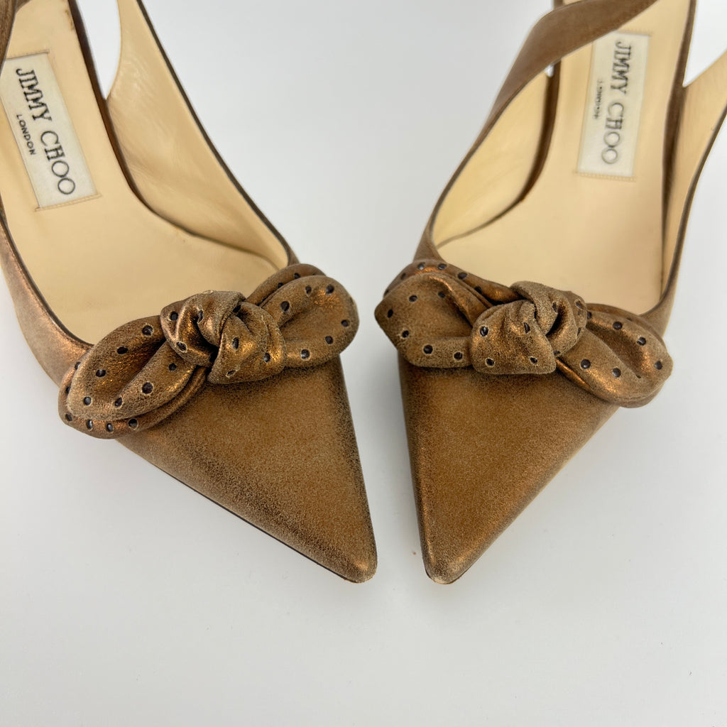 Jimmy Choo | Metallic Gold Bronze Leather Bow Slingback Stiletto Heels (37.5)