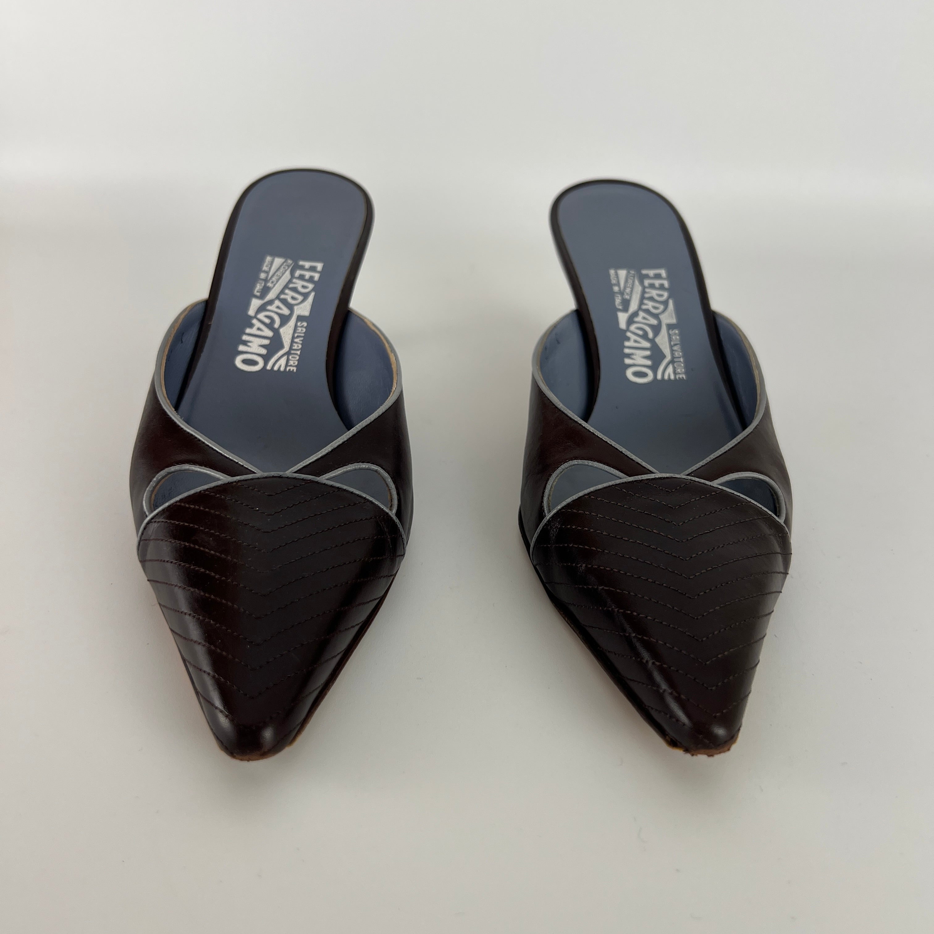 Ferragamo | Brown Blue Leather Cut-Out Pointed Toe Slide Mules (7, 37)