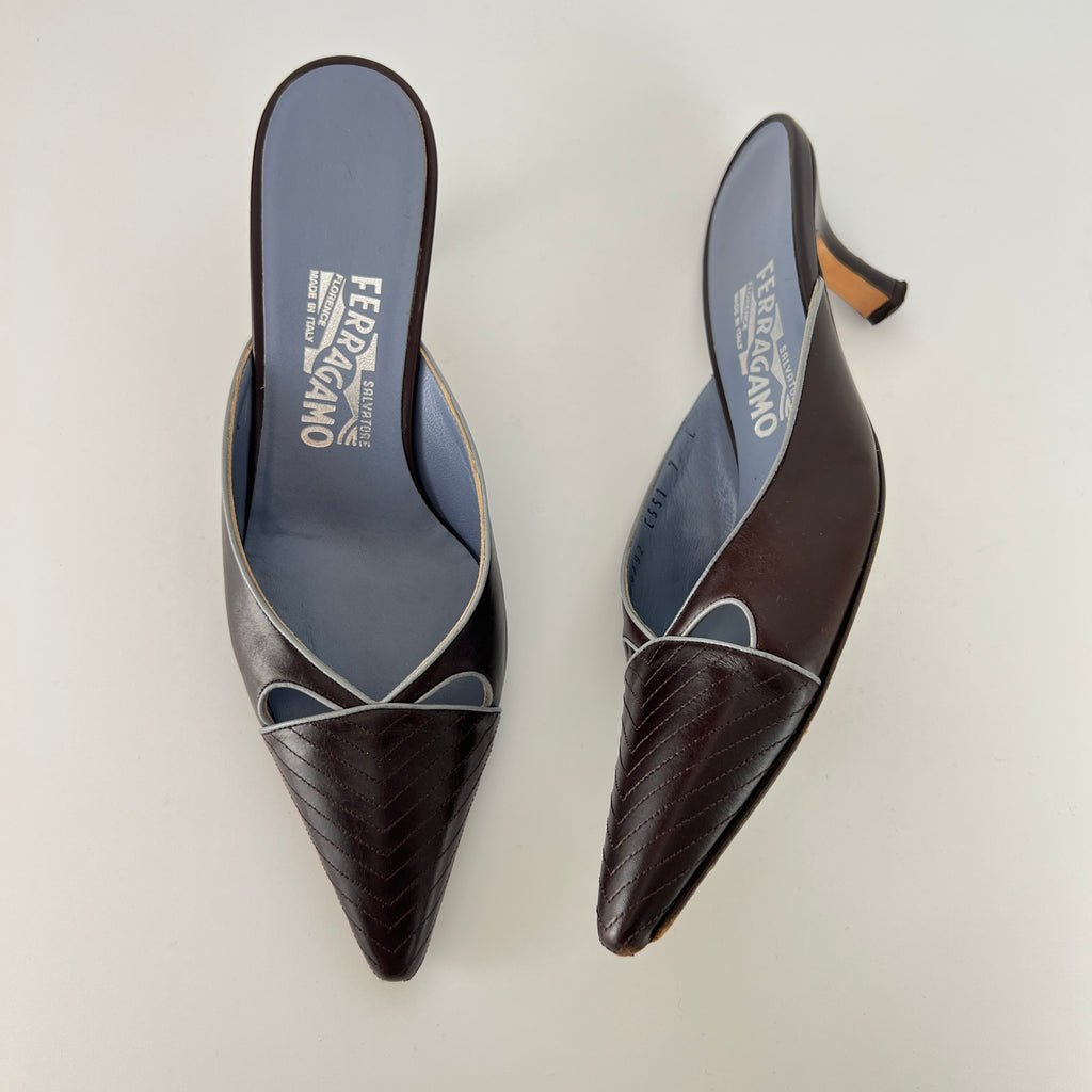 Ferragamo | Brown Blue Leather Cut-Out Pointed Toe Slide Mules (7, 37)