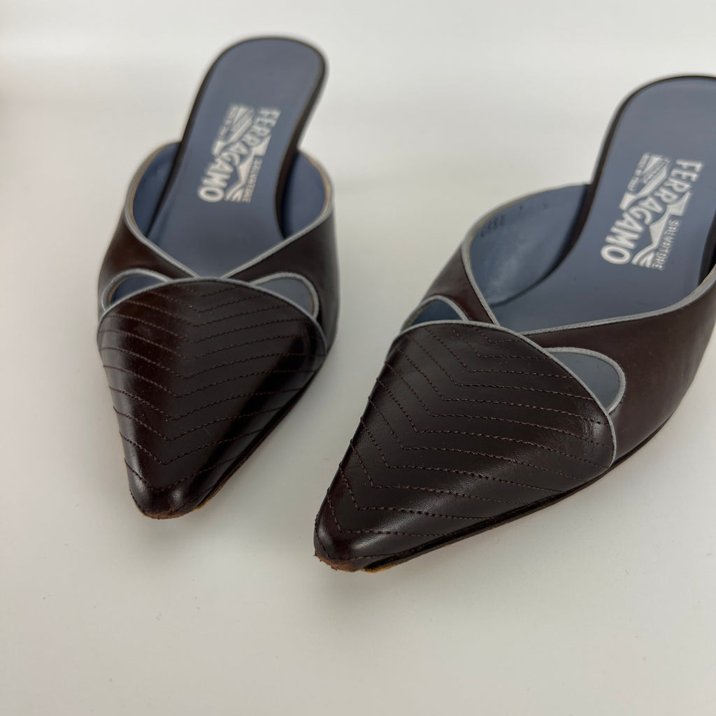 Ferragamo | Brown Blue Leather Cut-Out Pointed Toe Slide Mules (7, 37)