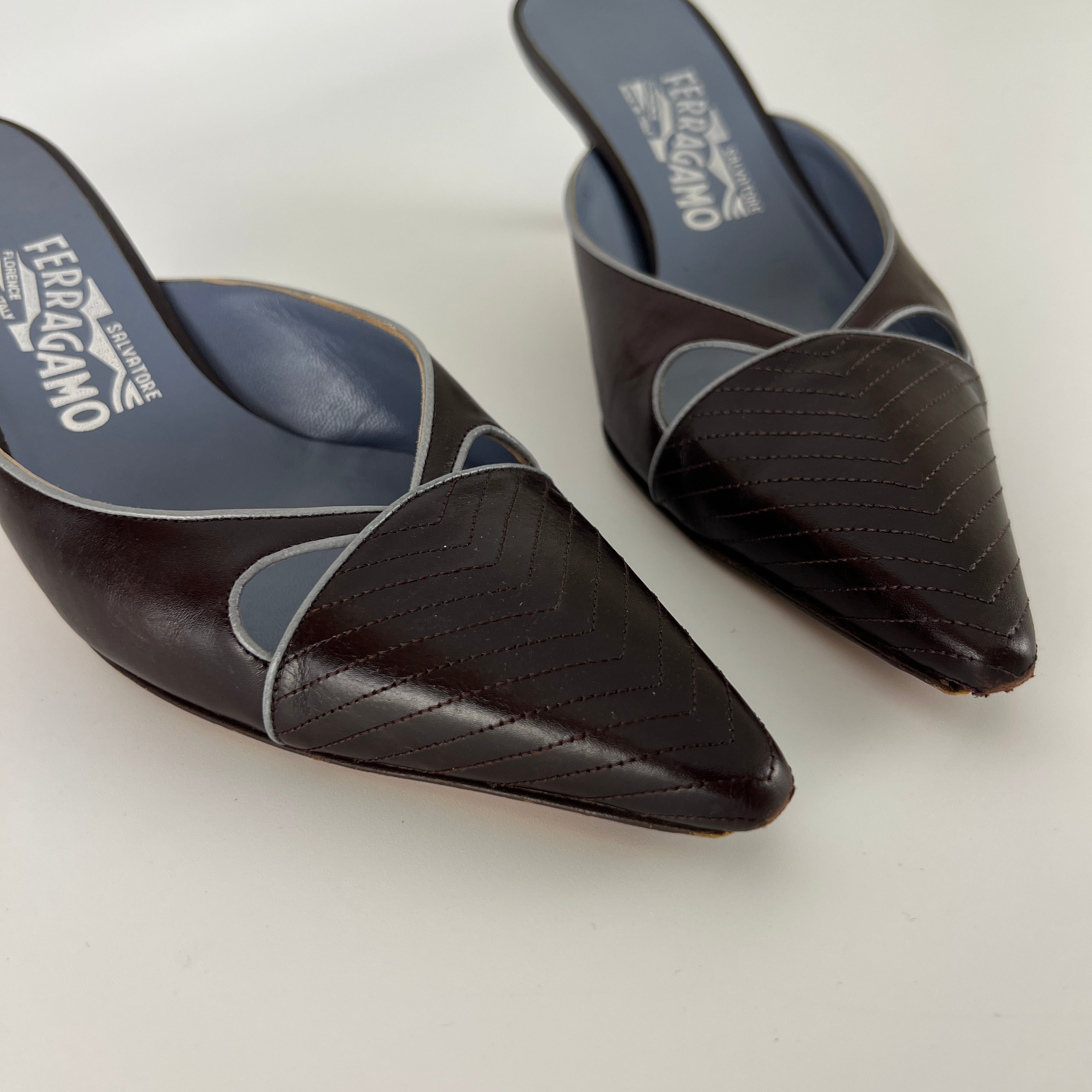 Ferragamo | Brown Blue Leather Cut-Out Pointed Toe Slide Mules (7, 37)