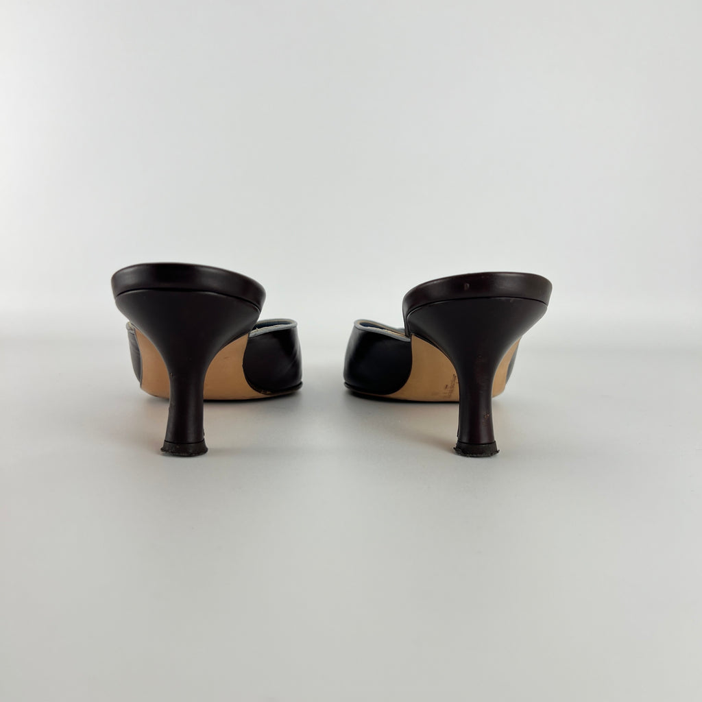 Ferragamo | Brown Blue Leather Cut-Out Pointed Toe Slide Mules (7, 37)