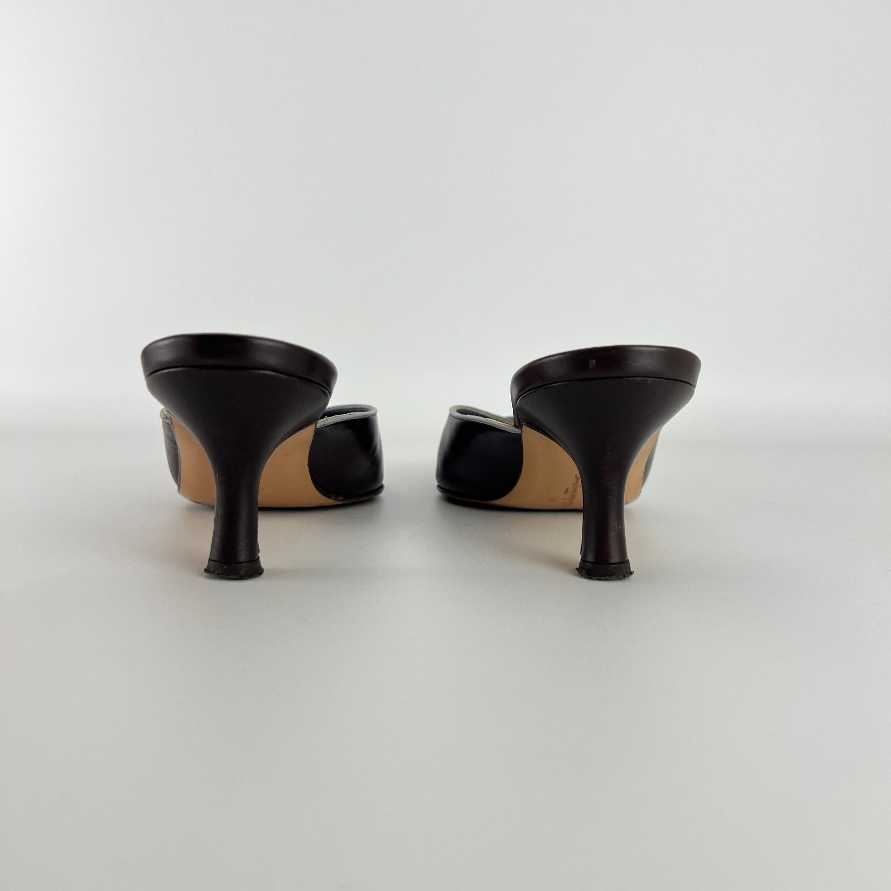 Ferragamo | Brown Blue Leather Cut-Out Pointed Toe Slide Mules (7, 37)
