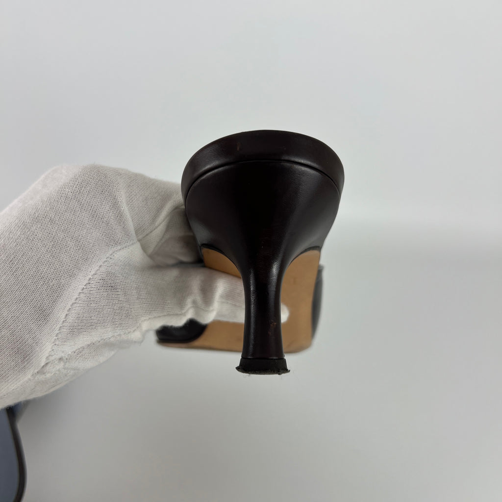 Ferragamo | Brown Blue Leather Cut-Out Pointed Toe Slide Mules (7, 37)