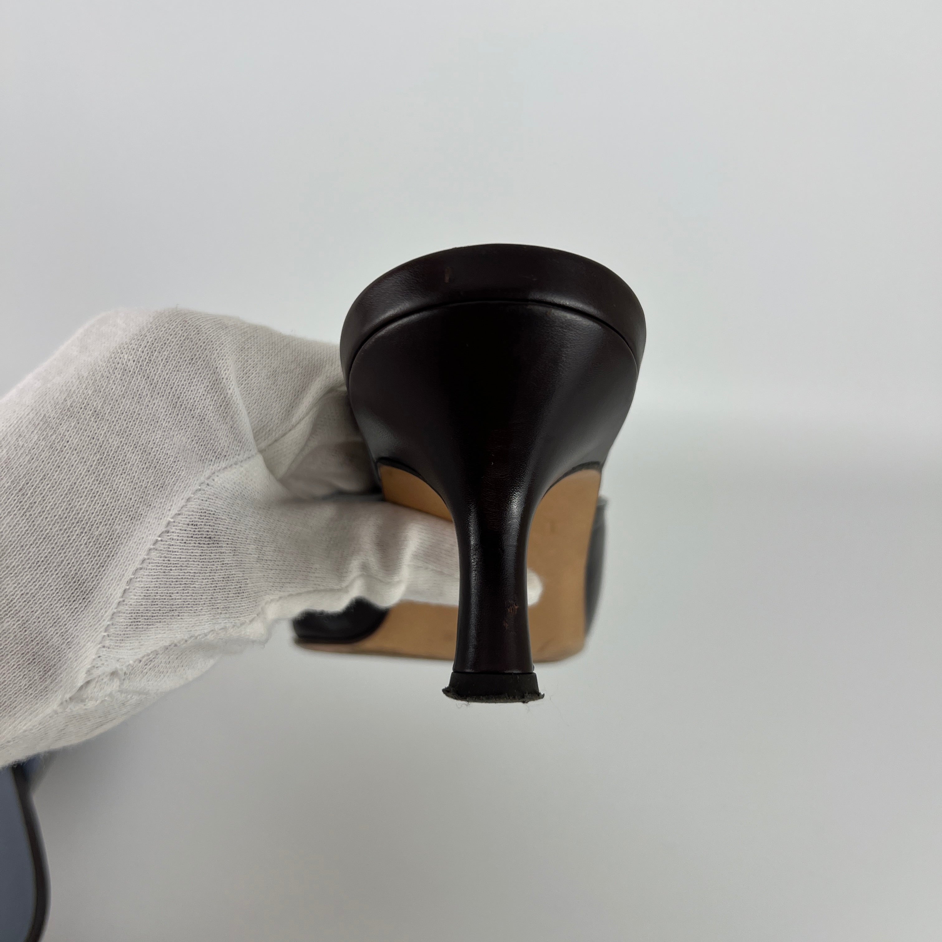 Ferragamo | Brown Blue Leather Cut-Out Pointed Toe Slide Mules (7, 37)