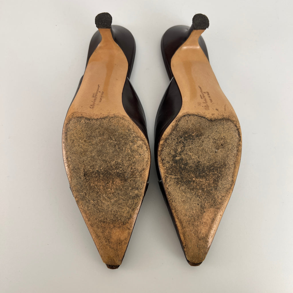 Ferragamo | Brown Blue Leather Cut-Out Pointed Toe Slide Mules (7, 37)