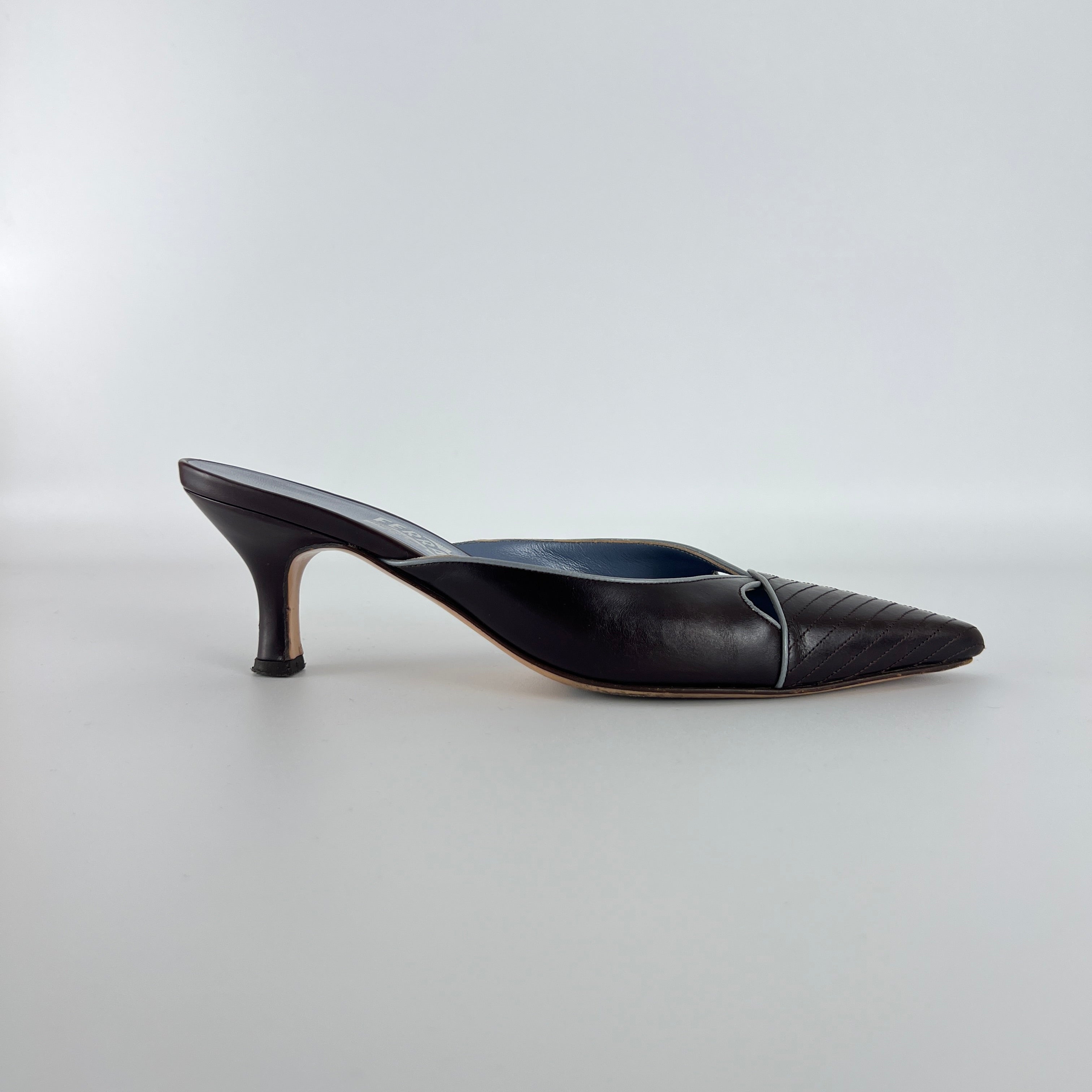 Ferragamo | Brown Blue Leather Cut-Out Pointed Toe Slide Mules (7, 37)