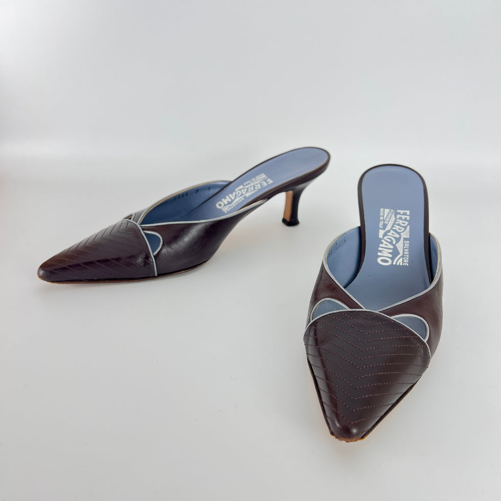 Ferragamo | Brown Blue Leather Cut-Out Pointed Toe Slide Mules (7, 37)