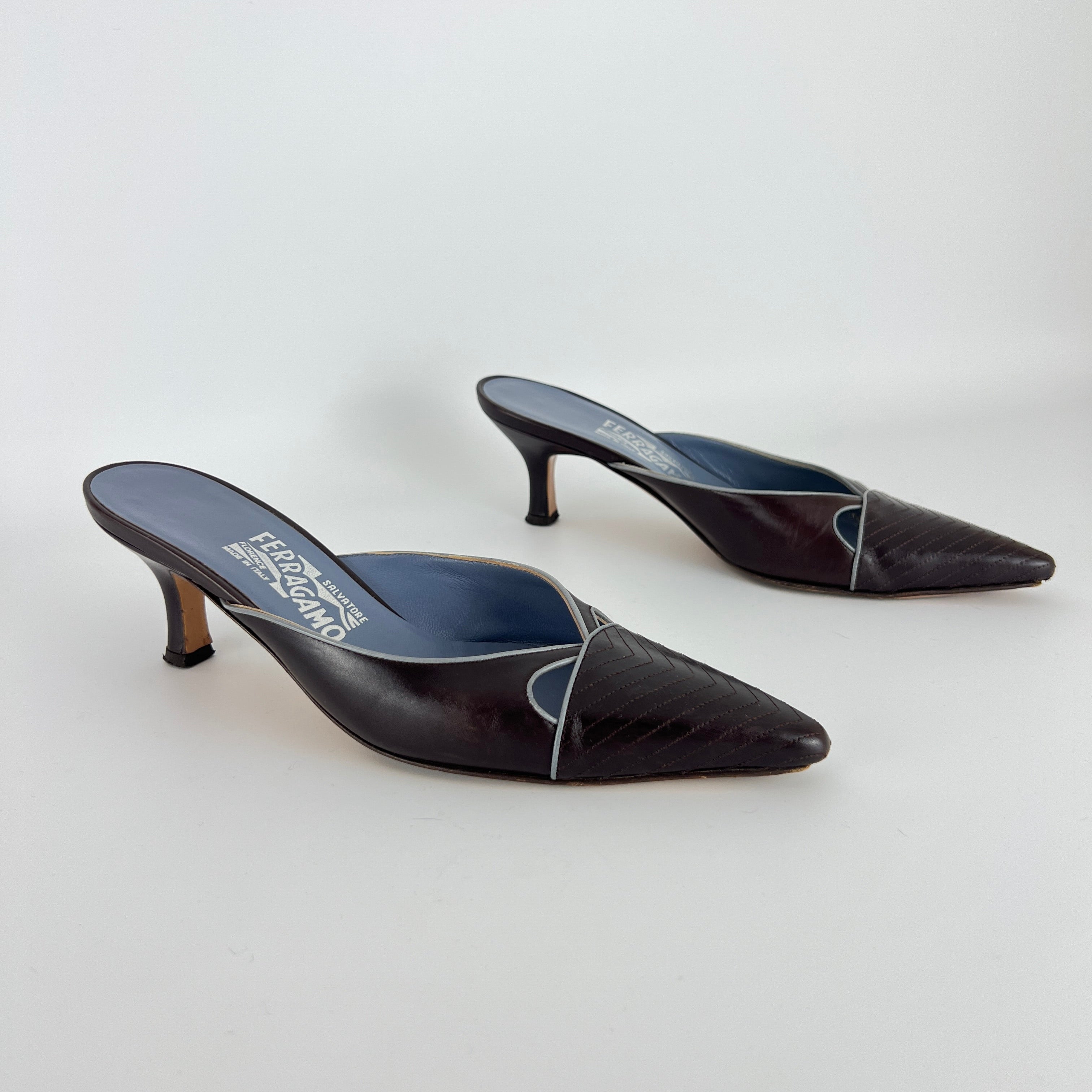 Ferragamo | Brown Blue Leather Cut-Out Pointed Toe Slide Mules (7, 37)