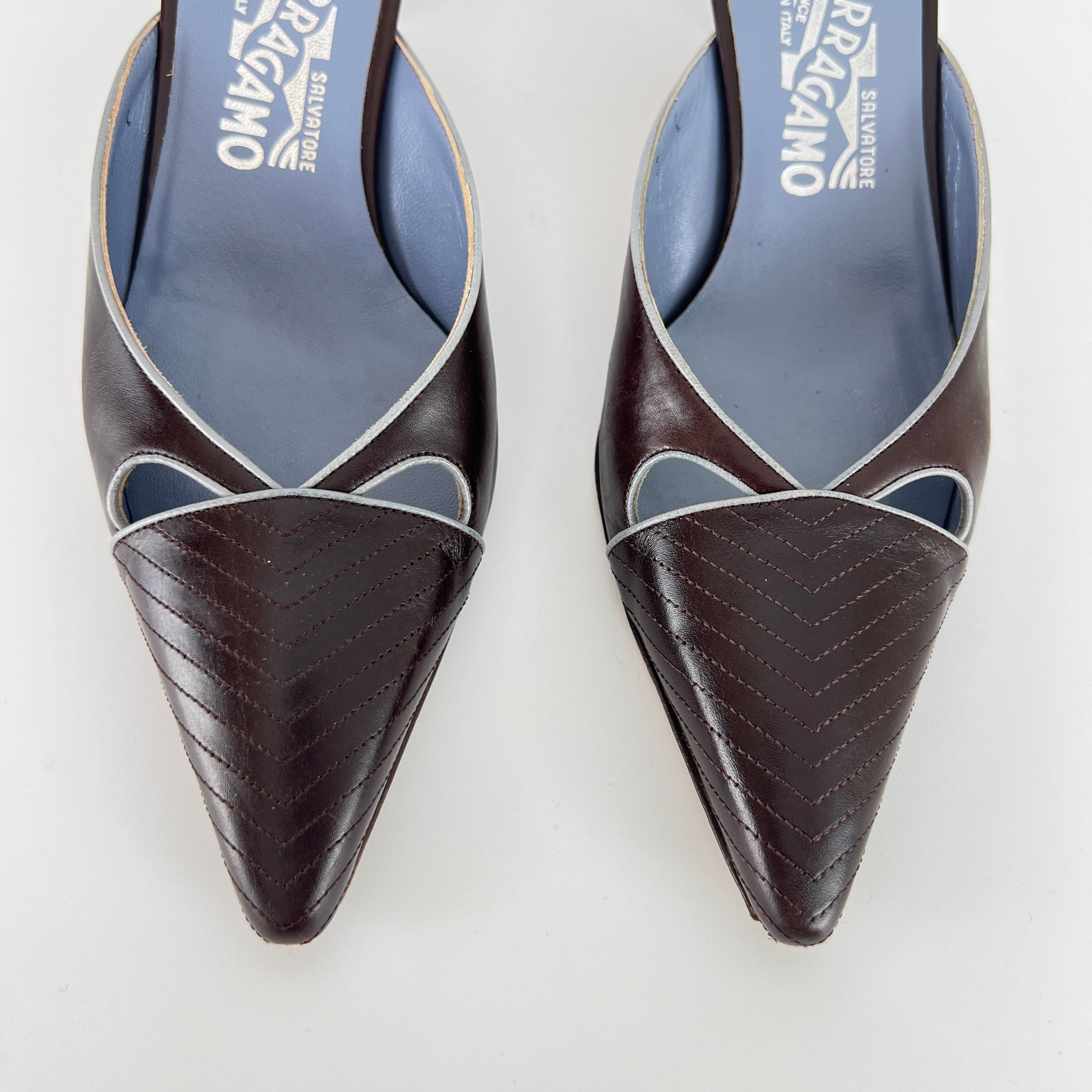 Ferragamo | Brown Blue Leather Cut-Out Pointed Toe Slide Mules (7, 37)