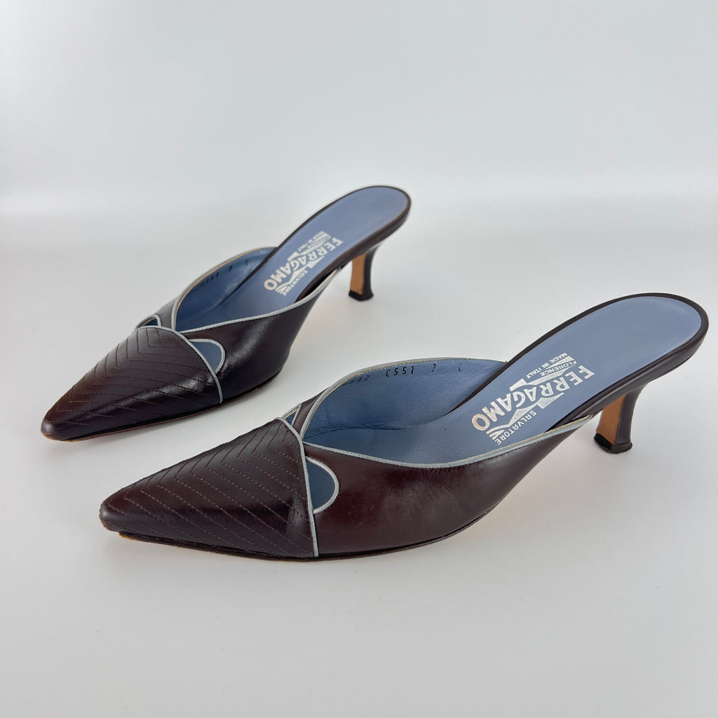 Ferragamo | Brown Blue Leather Cut-Out Pointed Toe Slide Mules (7, 37)