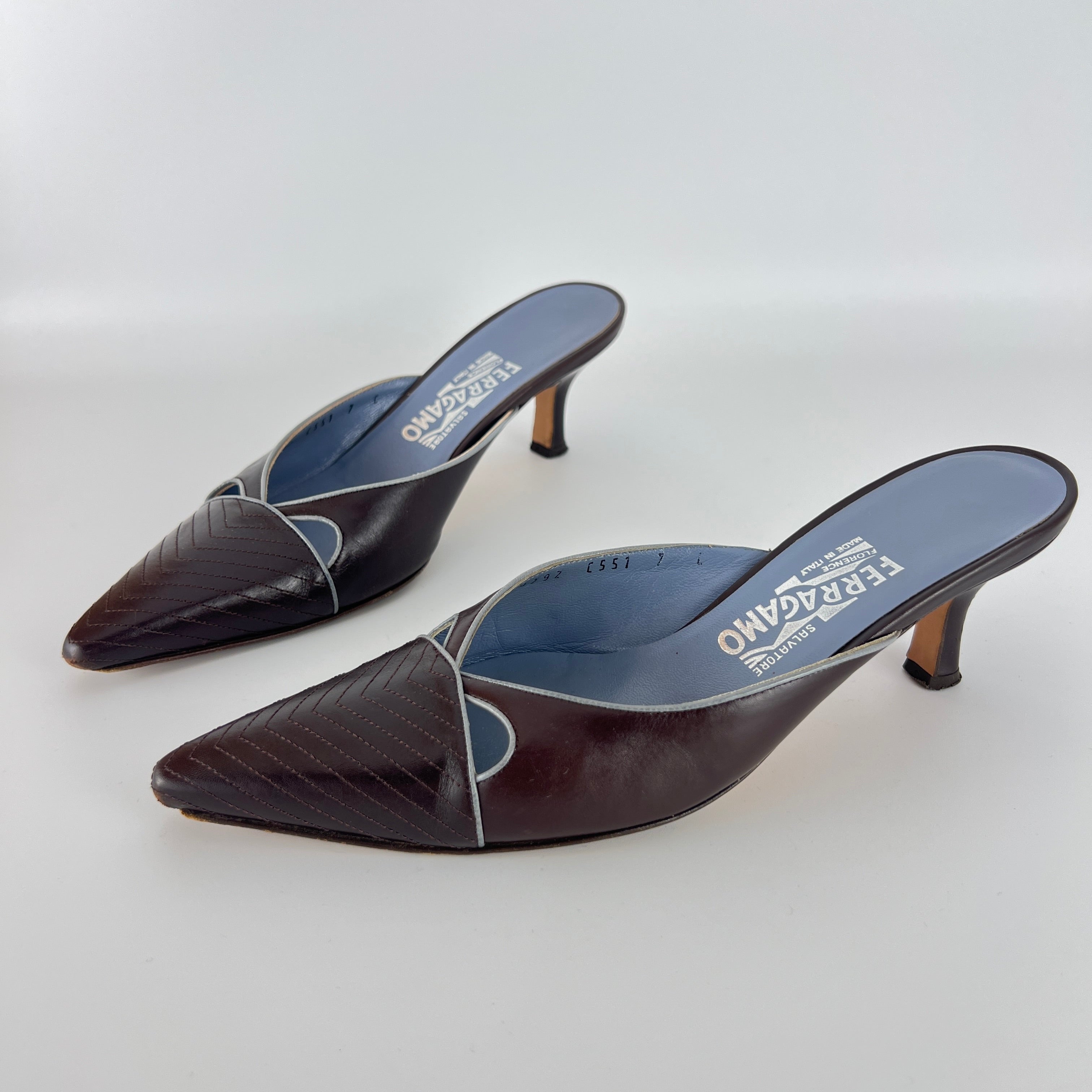 Ferragamo | Brown Blue Leather Cut-Out Pointed Toe Slide Mules (7, 37)