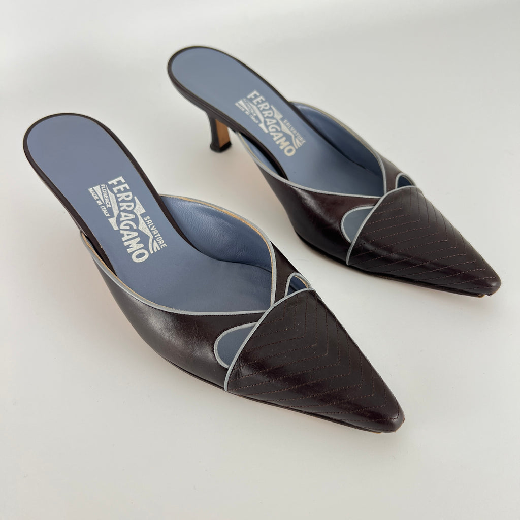 Ferragamo | Brown Blue Leather Cut-Out Pointed Toe Slide Mules (7, 37)