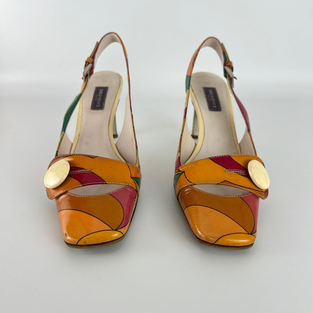 Emilio Pucci | Vintage Orange Green Red Leather Slingback Sandal Heels (36)
