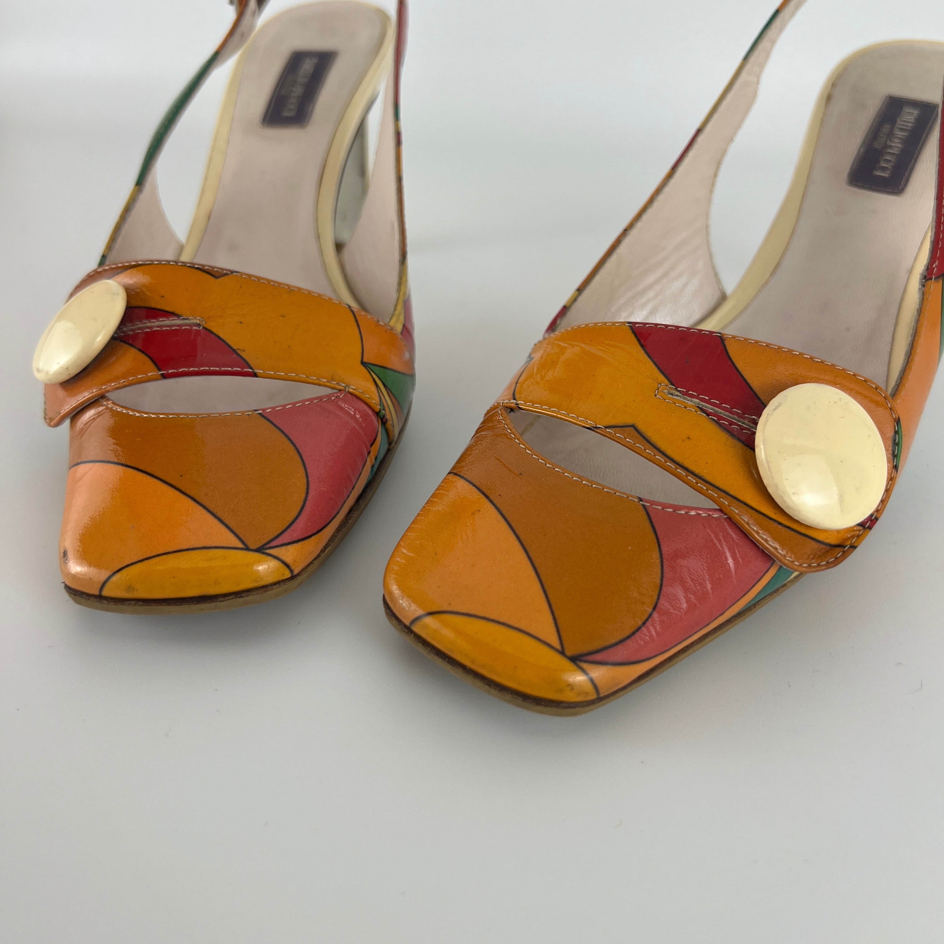 Emilio Pucci | Vintage Orange Green Red Leather Slingback Sandal Heels (36)