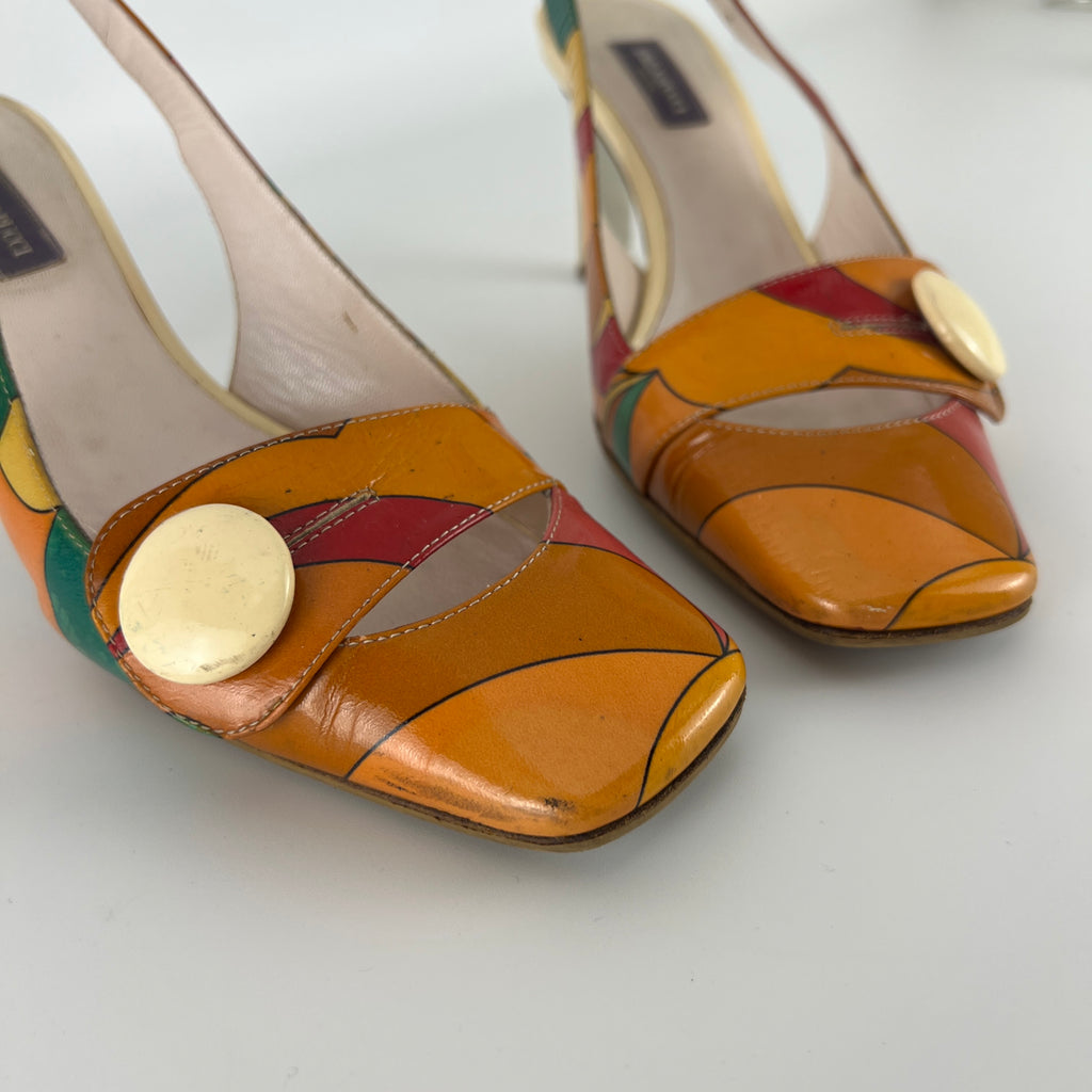 Emilio Pucci | Vintage Orange Green Red Leather Slingback Sandal Heels (36)
