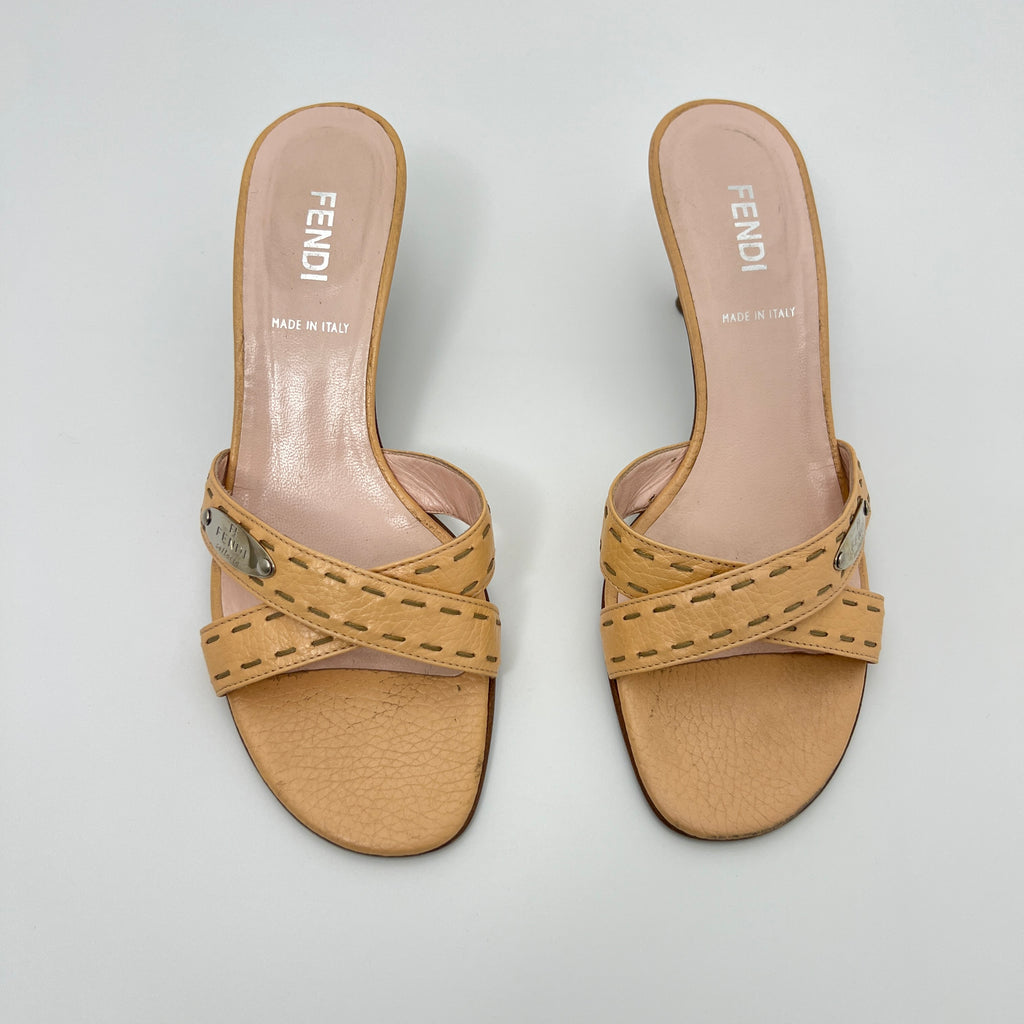 Fendi | Selleria Tan Leather Silver Logo Hardware Topstitch Strappy Mules (36)