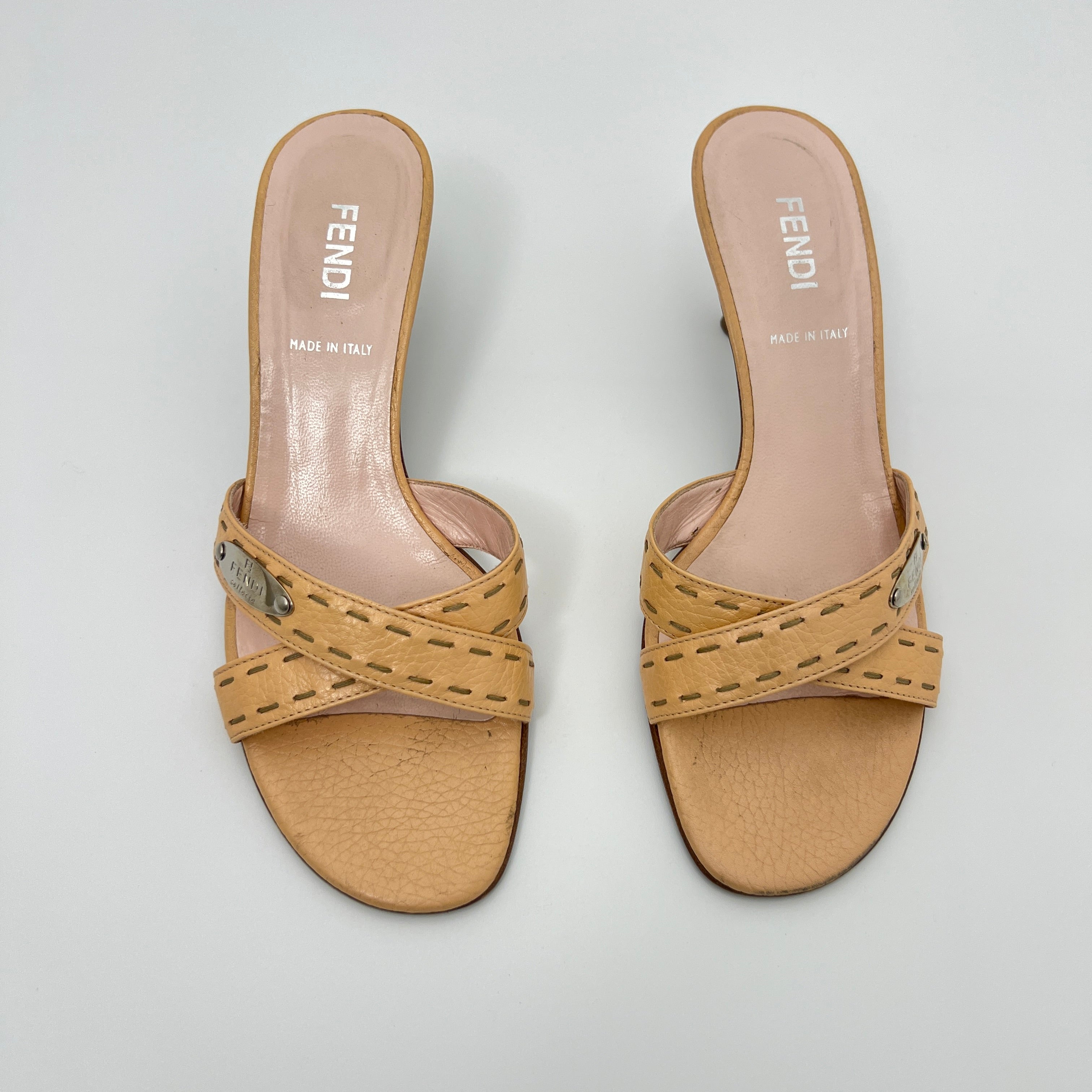 Fendi | Selleria Tan Leather Silver Logo Hardware Topstitch Strappy Mules (36)