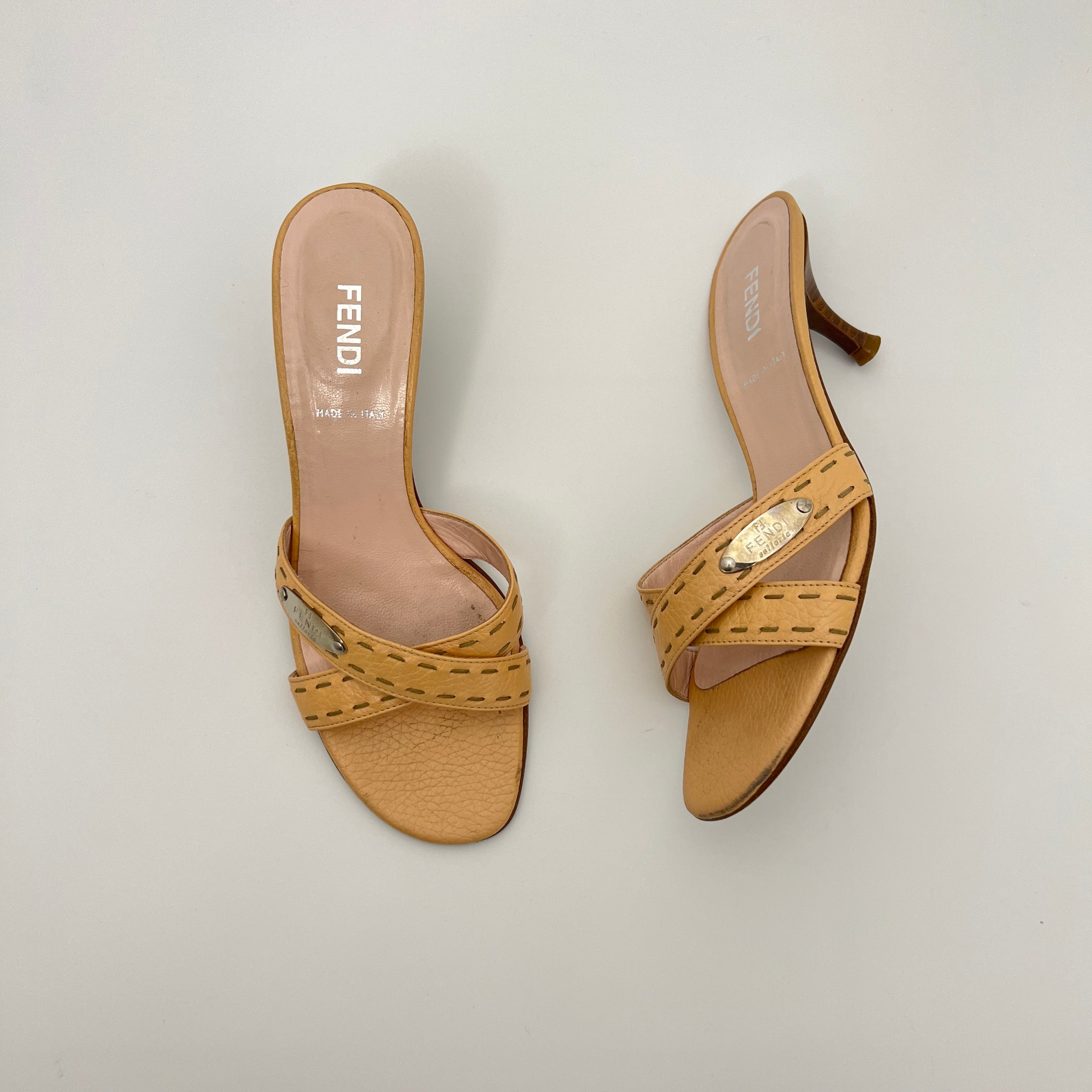 Fendi | Selleria Tan Leather Silver Logo Hardware Topstitch Strappy Mules (36)