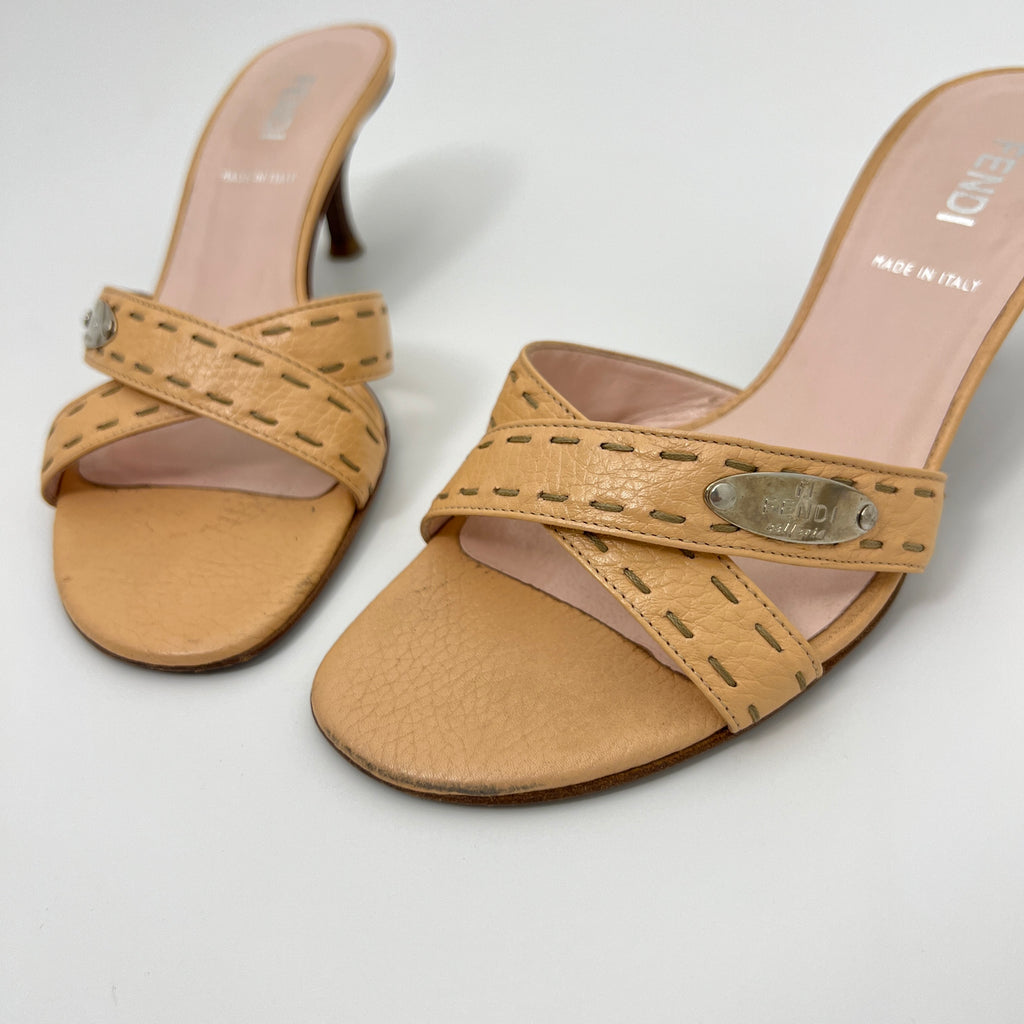 Fendi | Selleria Tan Leather Silver Logo Hardware Topstitch Strappy Mules (36)