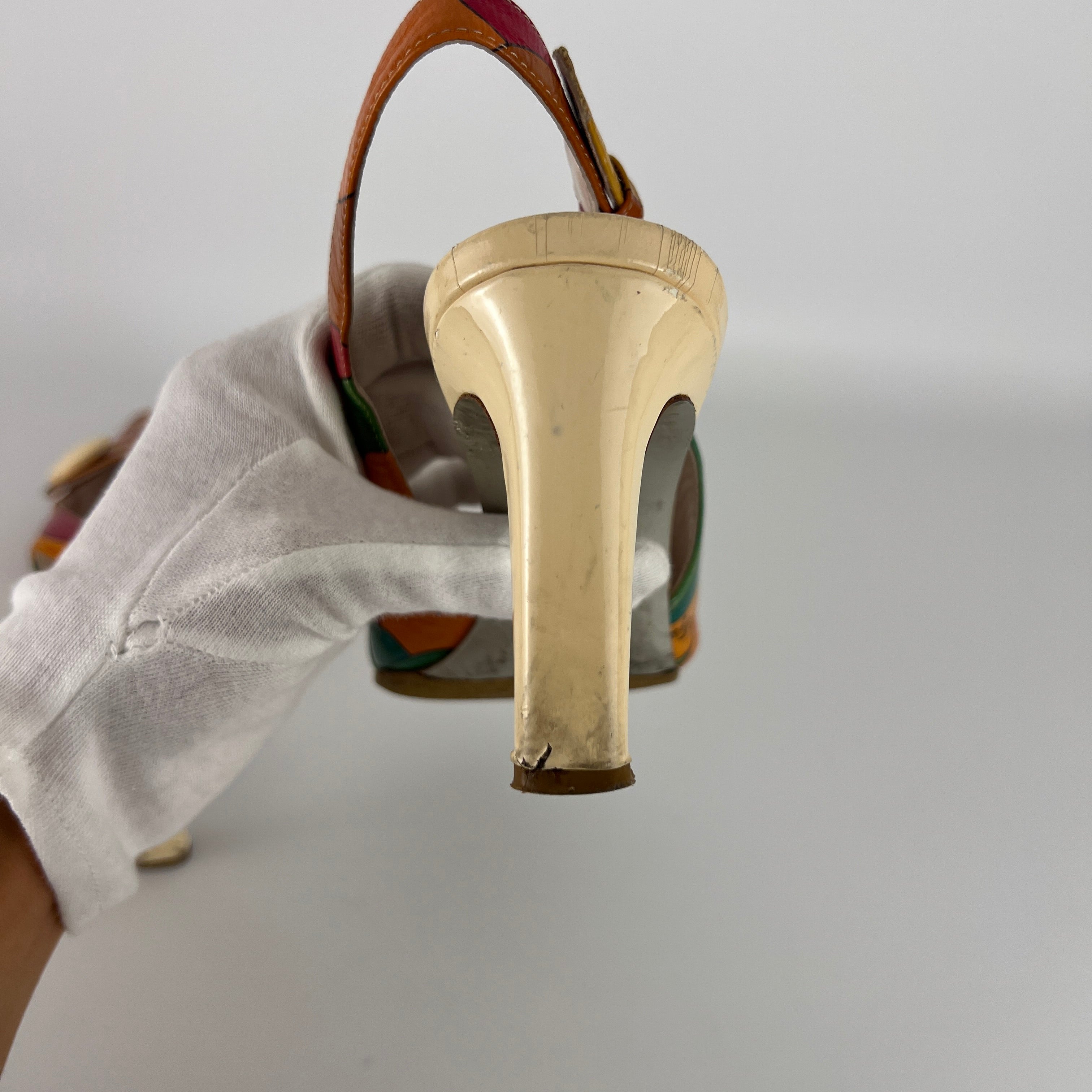 Emilio Pucci | Vintage Orange Green Red Leather Slingback Sandal Heels (36)