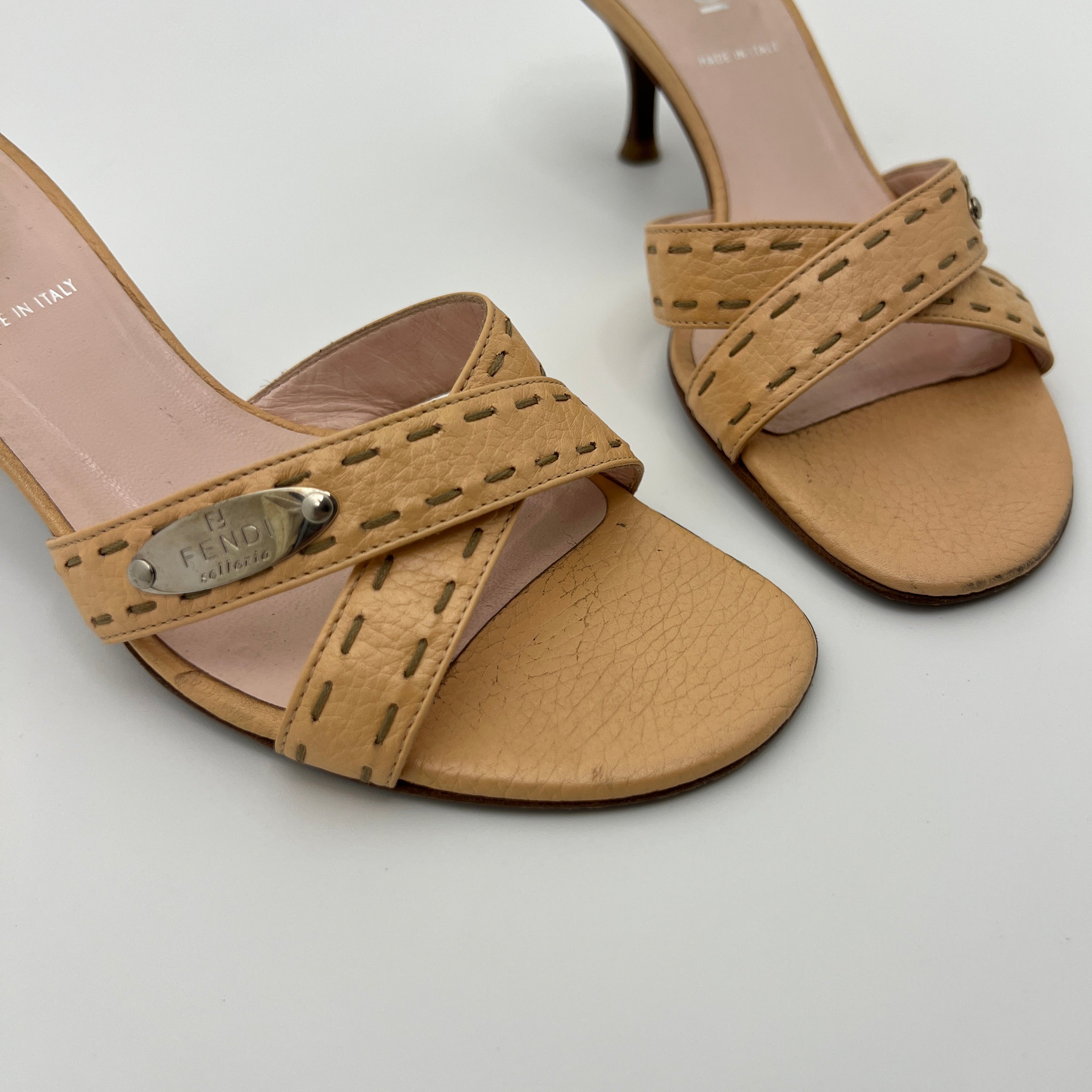Fendi | Selleria Tan Leather Silver Logo Hardware Topstitch Strappy Mules (36)