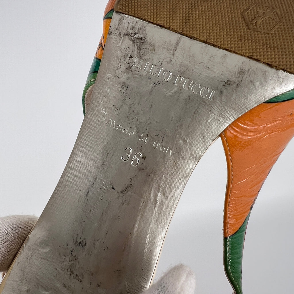 Emilio Pucci | Vintage Orange Green Red Leather Slingback Sandal Heels (36)