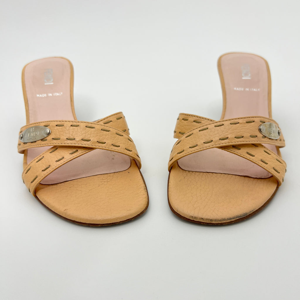 Fendi | Selleria Tan Leather Silver Logo Hardware Topstitch Strappy Mules (36)