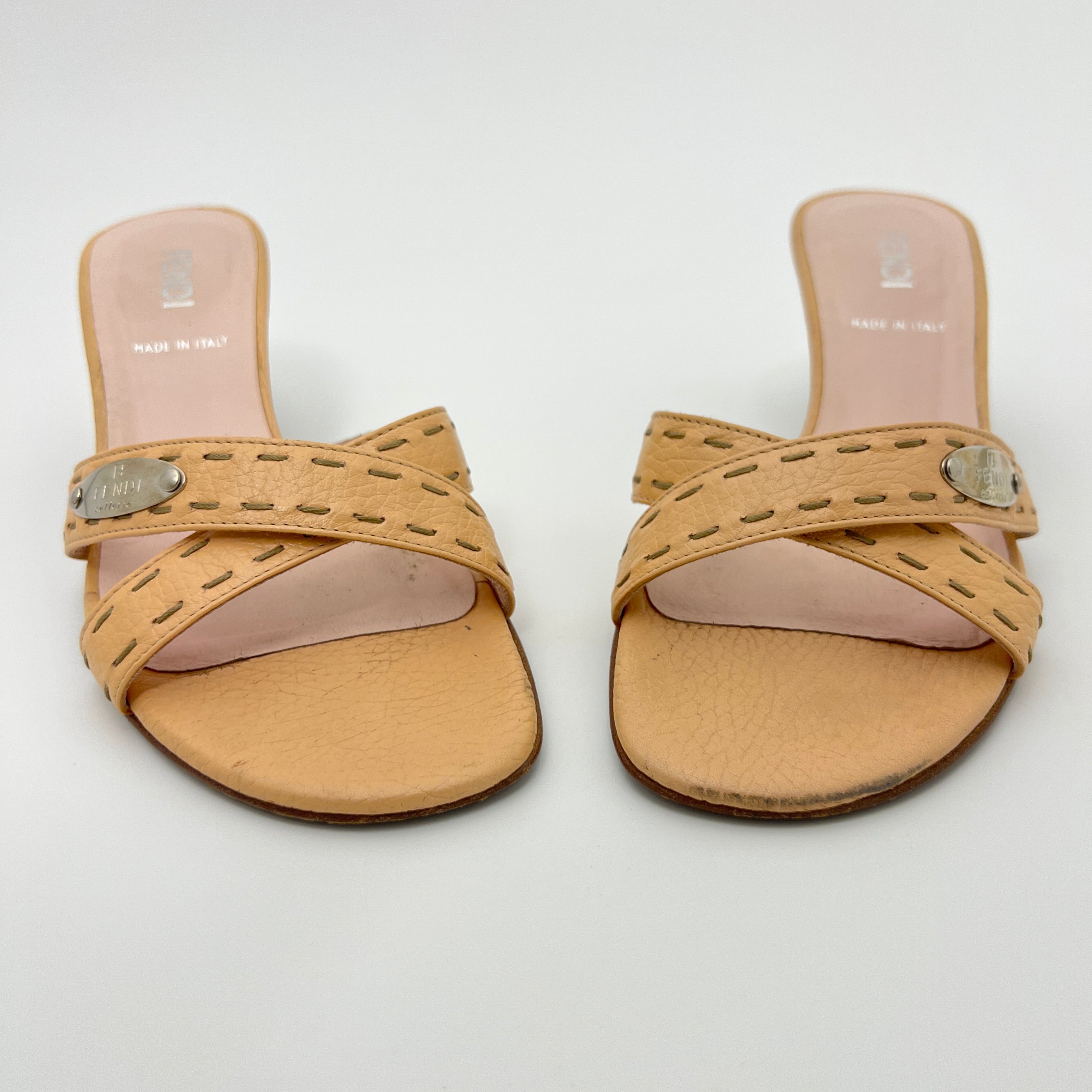 Fendi | Selleria Tan Leather Silver Logo Hardware Topstitch Strappy Mules (36)