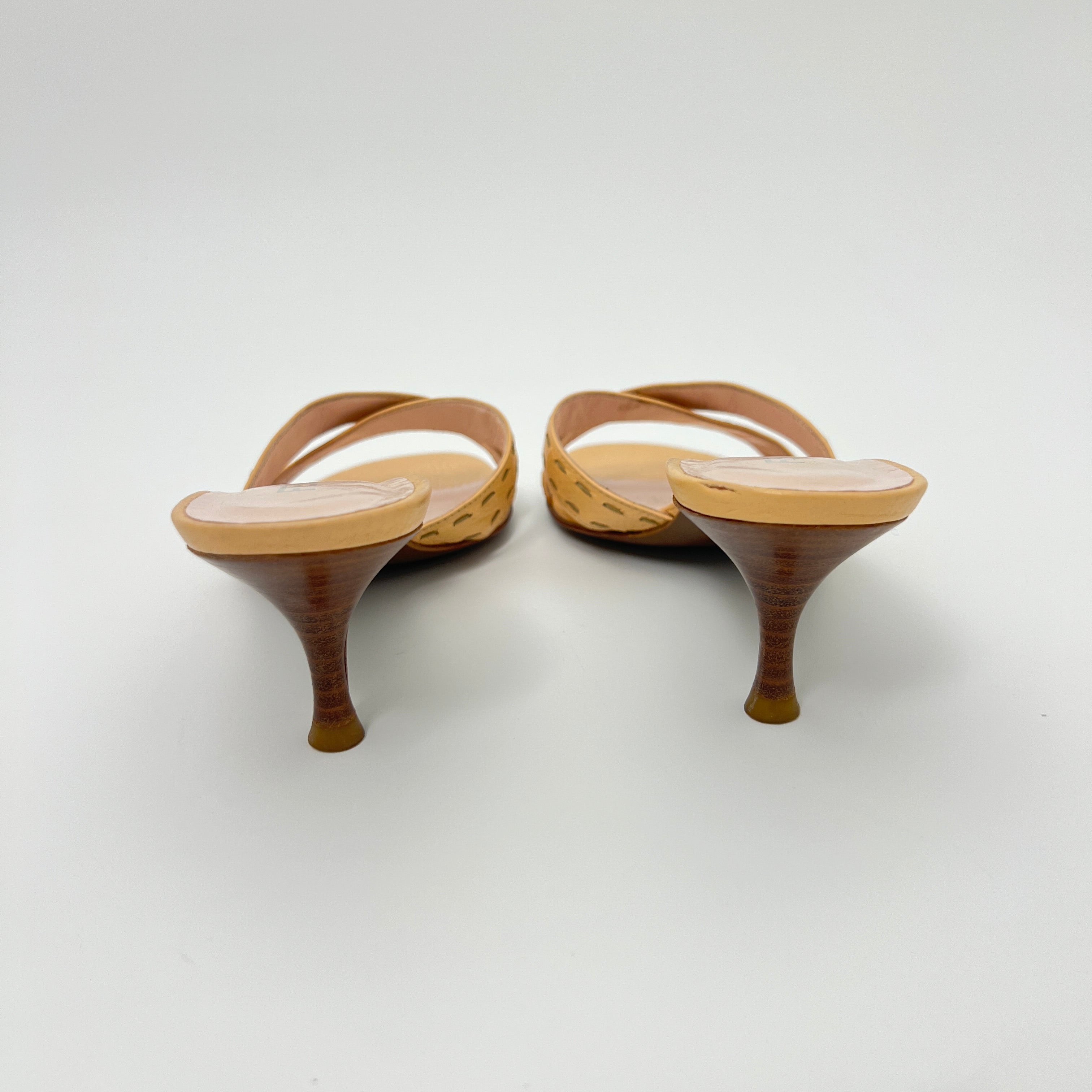 Fendi | Selleria Tan Leather Silver Logo Hardware Topstitch Strappy Mules (36)