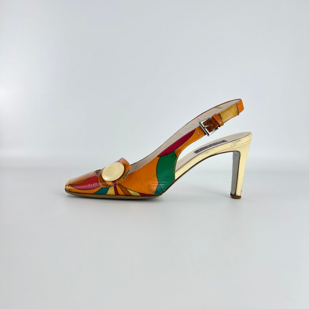 Emilio Pucci | Vintage Orange Green Red Leather Slingback Sandal Heels (36)