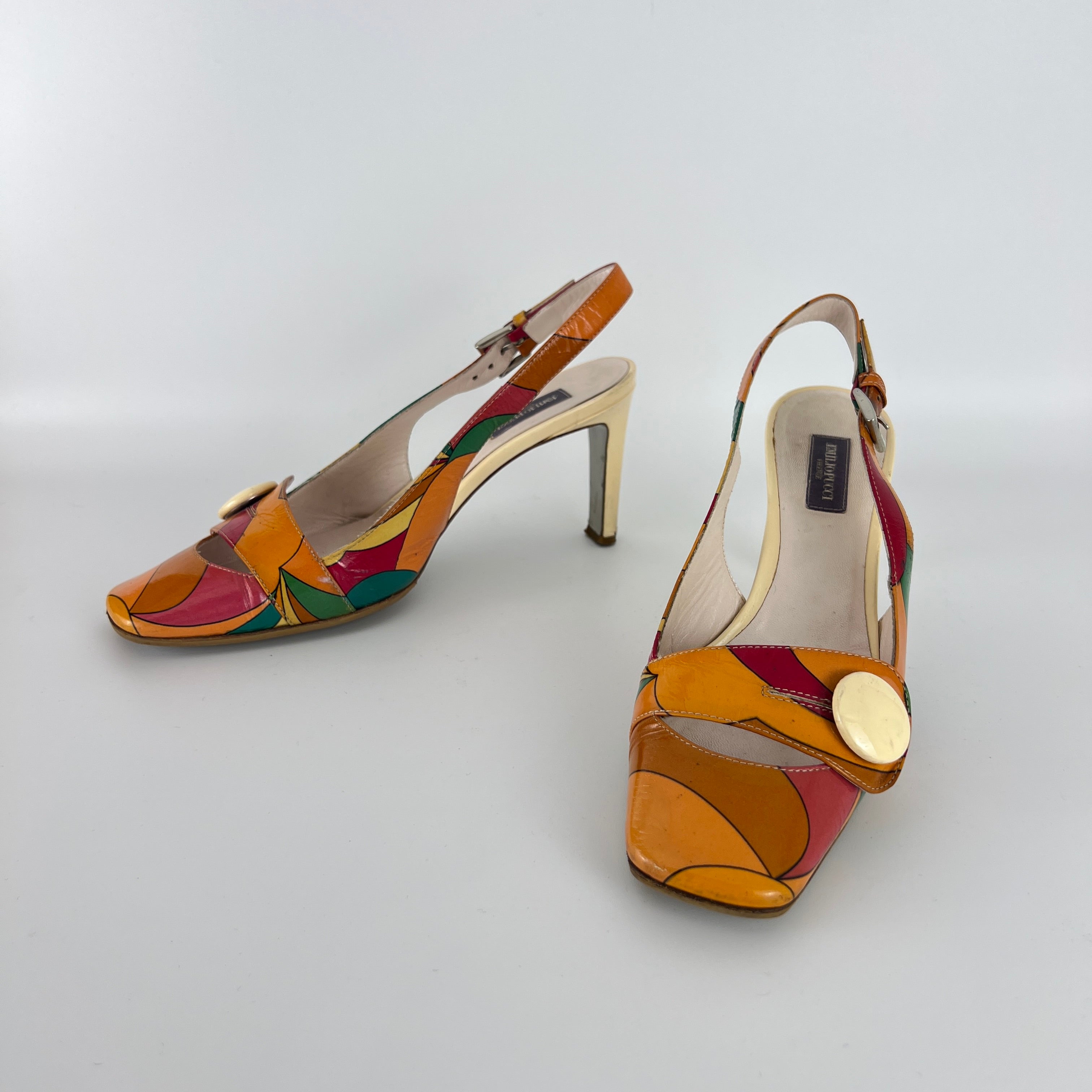 Emilio Pucci | Vintage Orange Green Red Leather Slingback Sandal Heels (36)