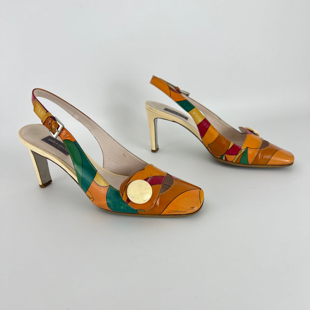 Emilio Pucci | Vintage Orange Green Red Leather Slingback Sandal Heels (36)