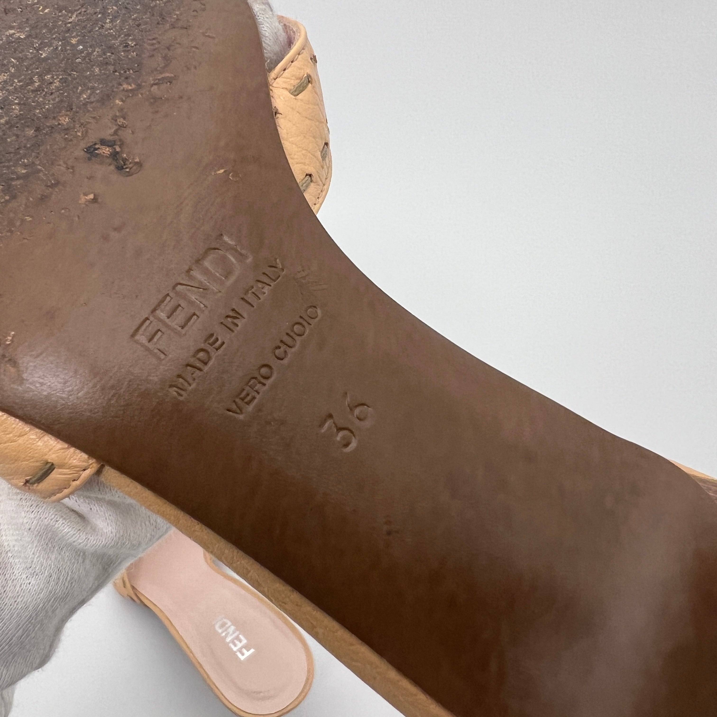 Fendi | Selleria Tan Leather Silver Logo Hardware Topstitch Strappy Mules (36)