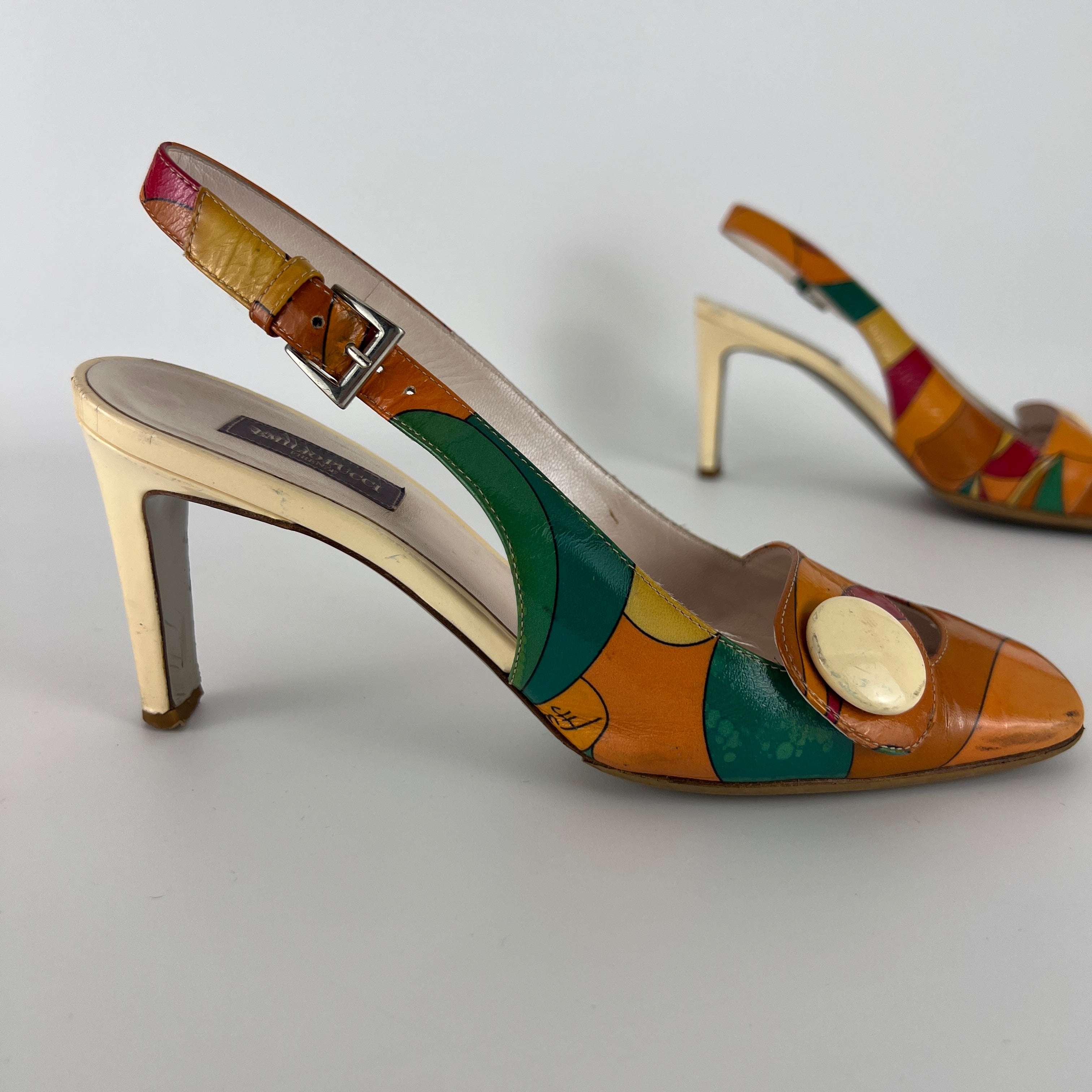 Emilio Pucci | Vintage Orange Green Red Leather Slingback Sandal Heels (36)