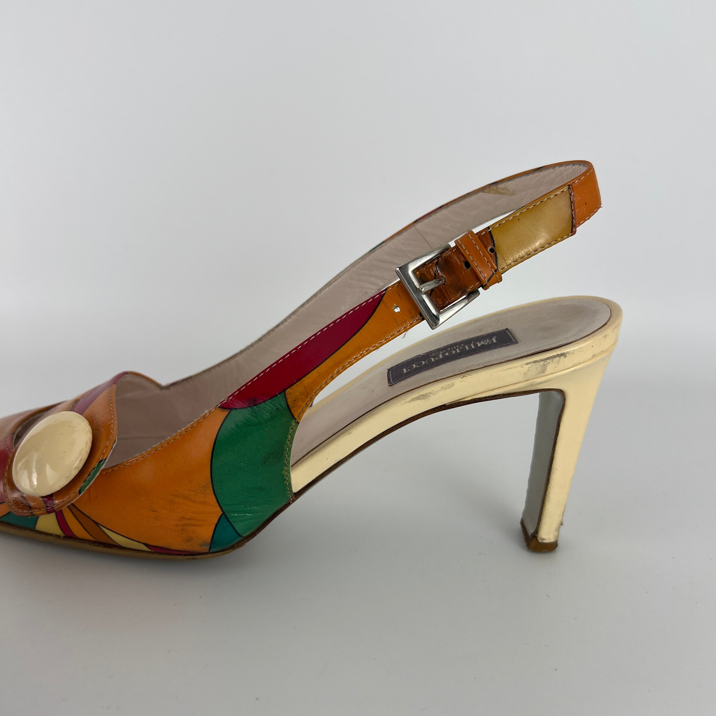 Emilio Pucci | Vintage Orange Green Red Leather Slingback Sandal Heels (36)