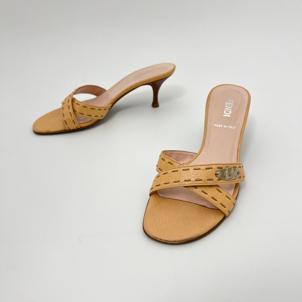 Fendi | Selleria Tan Leather Silver Logo Hardware Topstitch Strappy Mules (36)