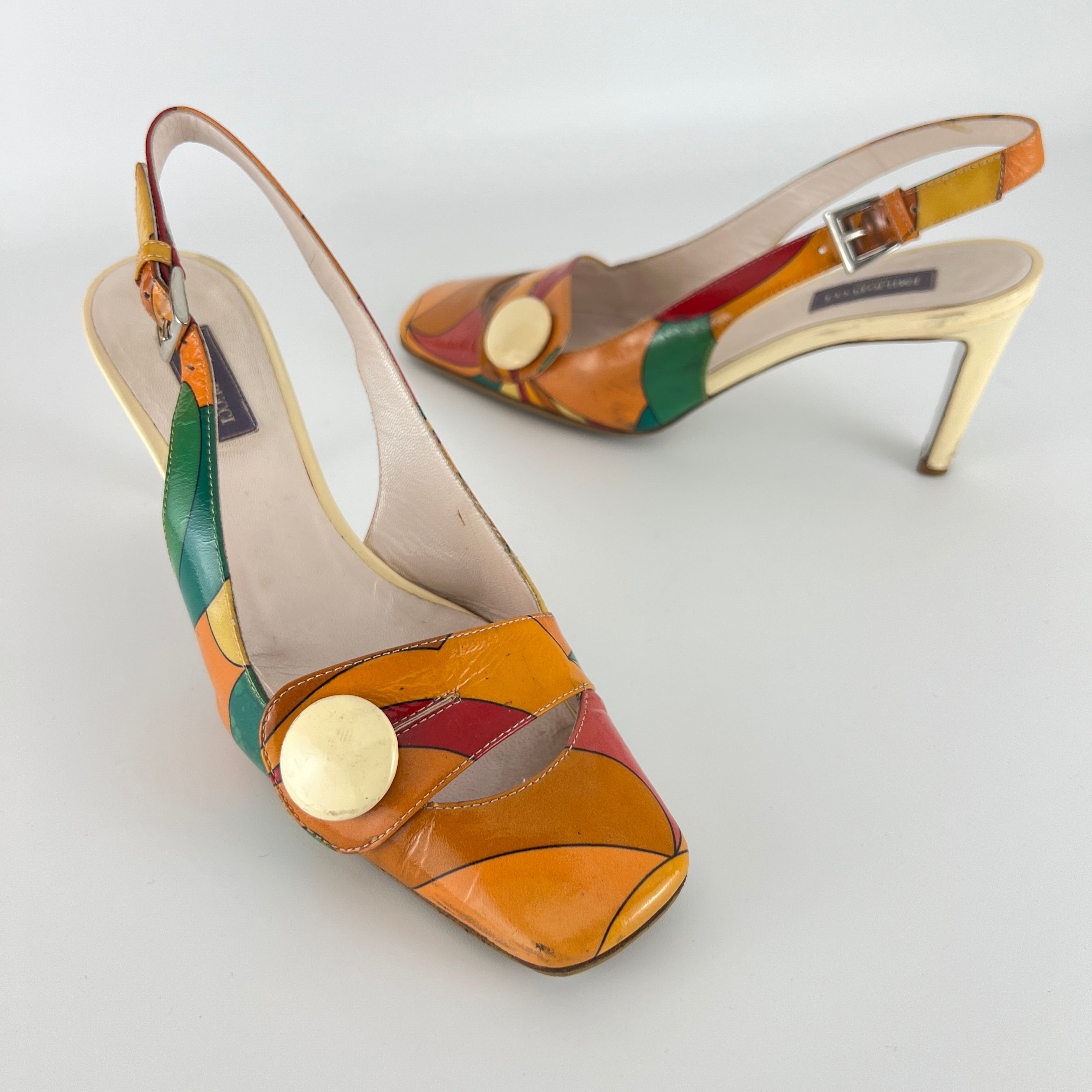 Emilio Pucci | Vintage Orange Green Red Leather Slingback Sandal Heels (36)