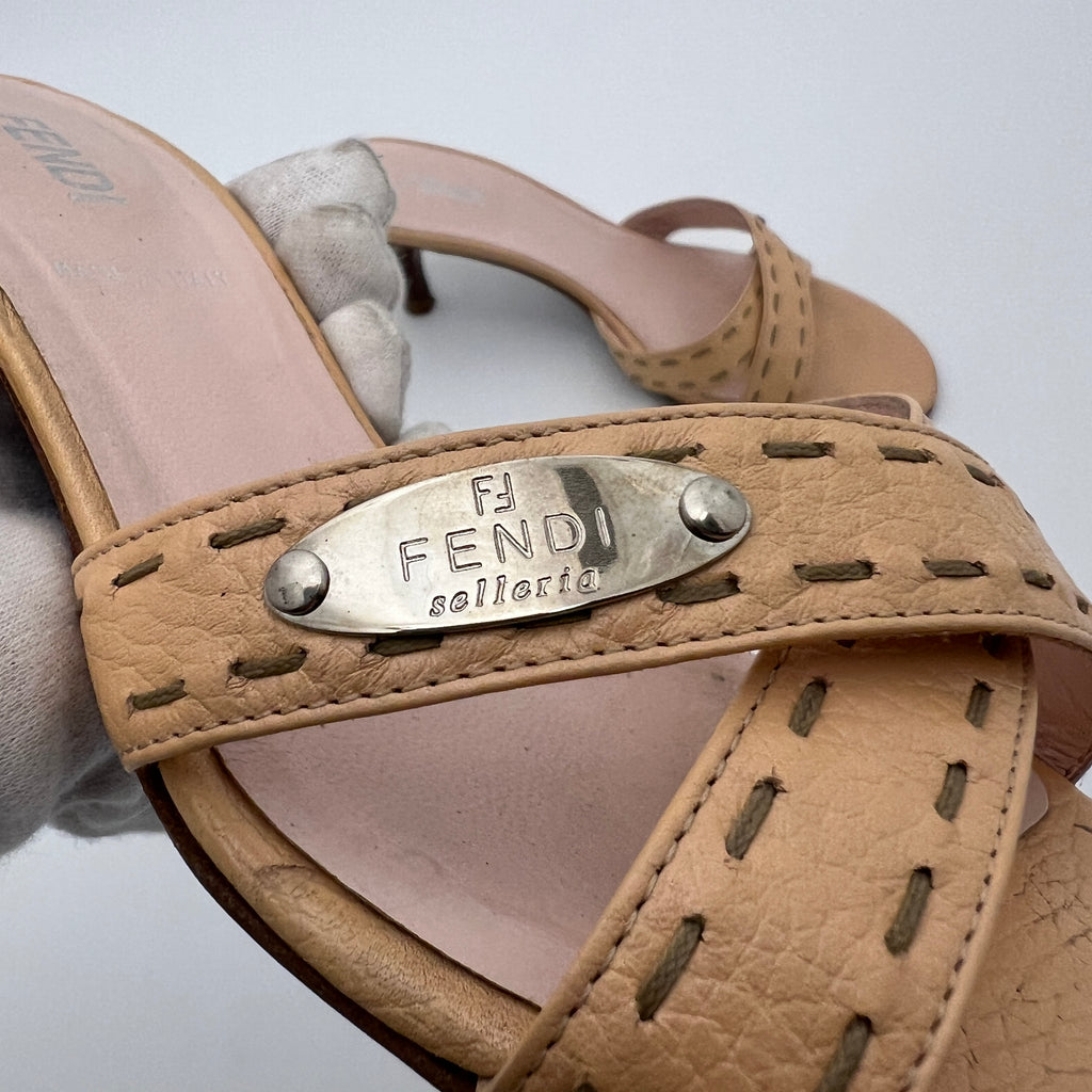 Fendi | Selleria Tan Leather Silver Logo Hardware Topstitch Strappy Mules (36)