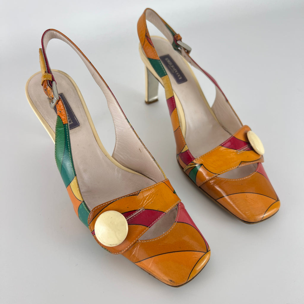 Emilio Pucci | Vintage Orange Green Red Leather Slingback Sandal Heels (36)