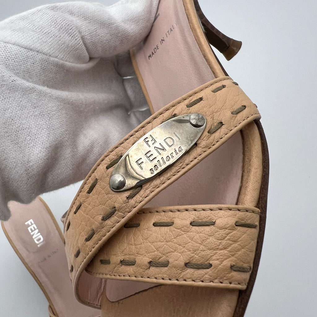 Fendi | Selleria Tan Leather Silver Logo Hardware Topstitch Strappy Mules (36)