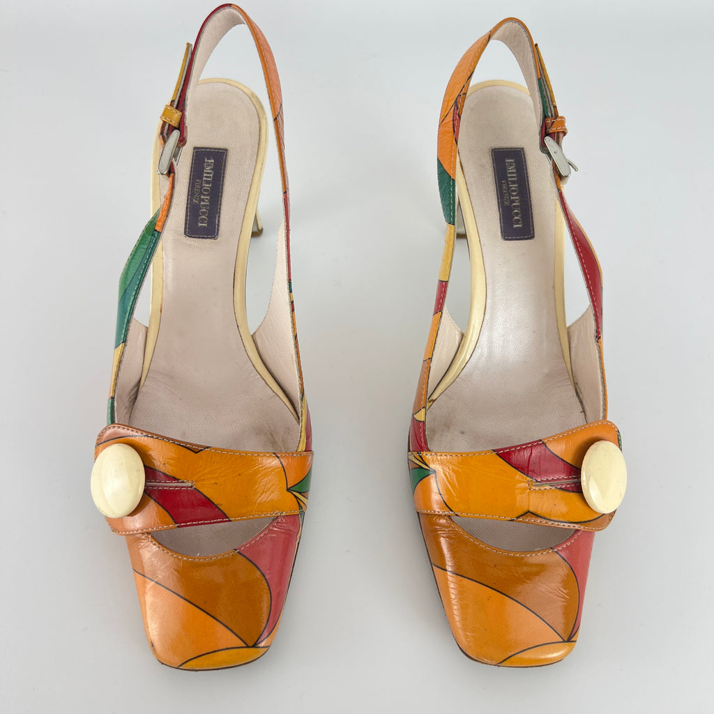 Emilio Pucci | Vintage Orange Green Red Leather Slingback Sandal Heels (36)