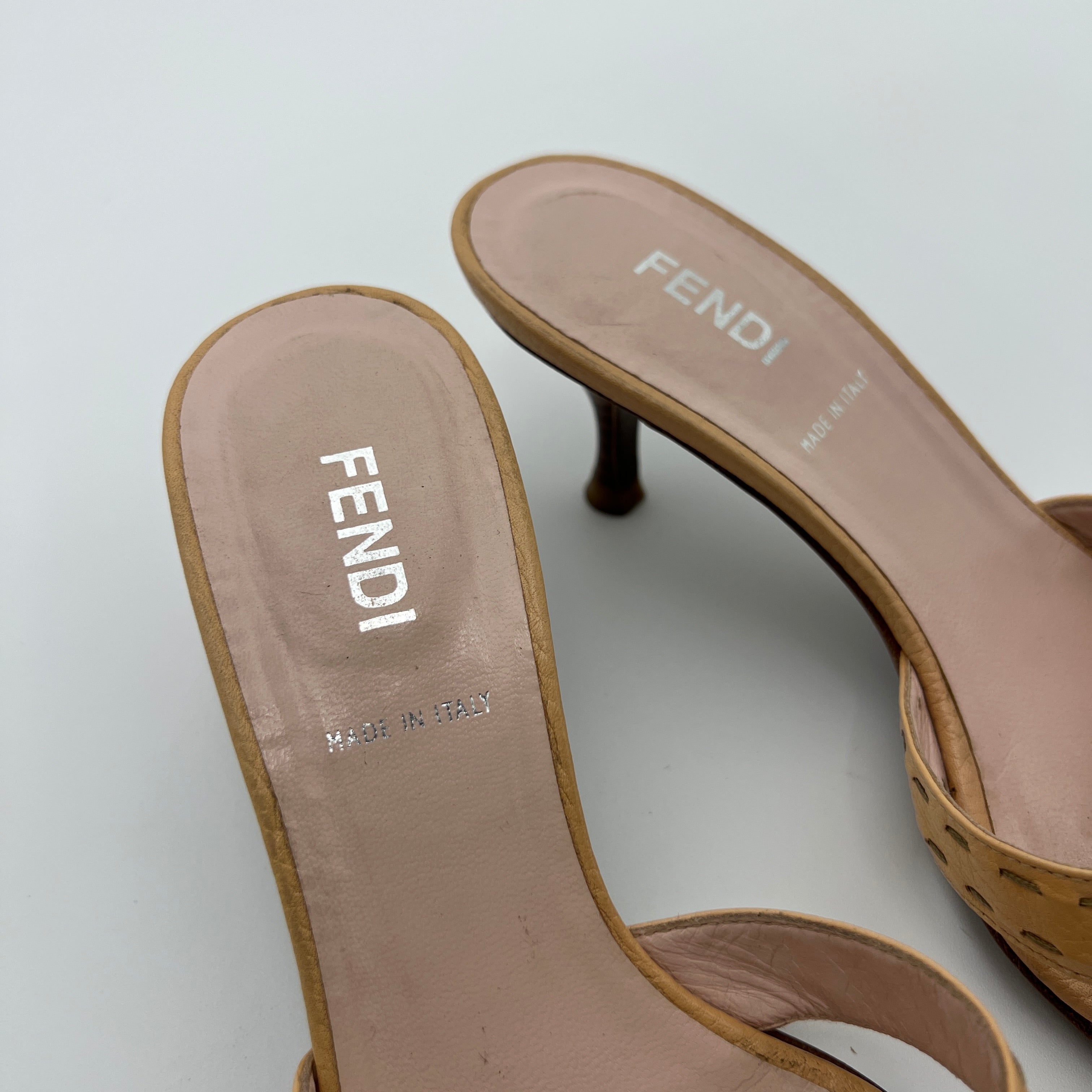 Fendi | Selleria Tan Leather Silver Logo Hardware Topstitch Strappy Mules (36)