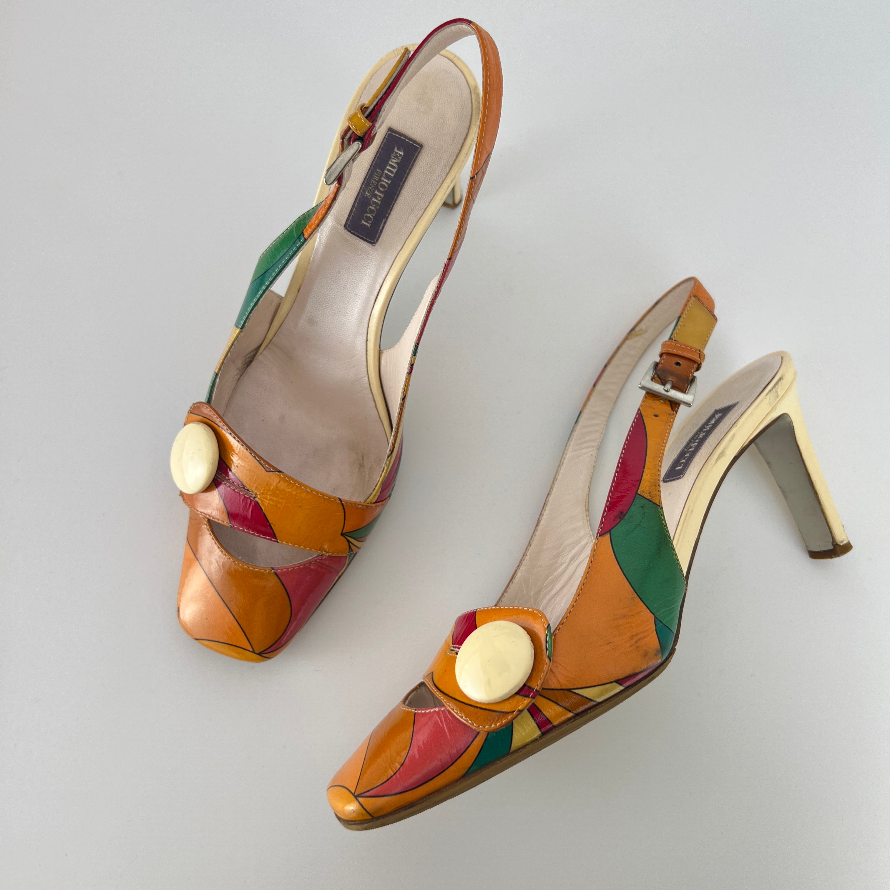 Emilio Pucci | Vintage Orange Green Red Leather Slingback Sandal Heels (36)